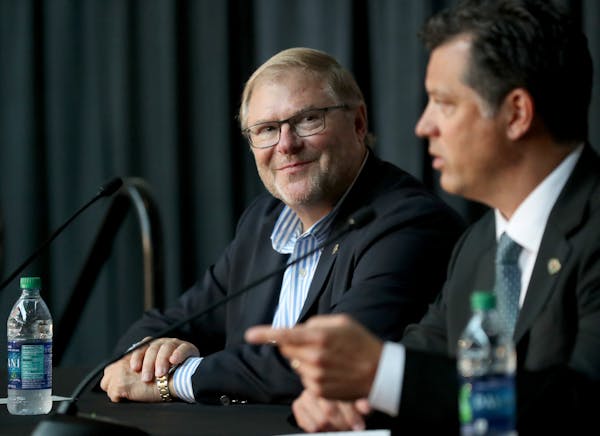 Minnesota Wild owner Craig Leipold, left, introduced new Wild General Manager Bill Guerin at a press conference on Thursday, Aug. 22, 2019, at the Xce
