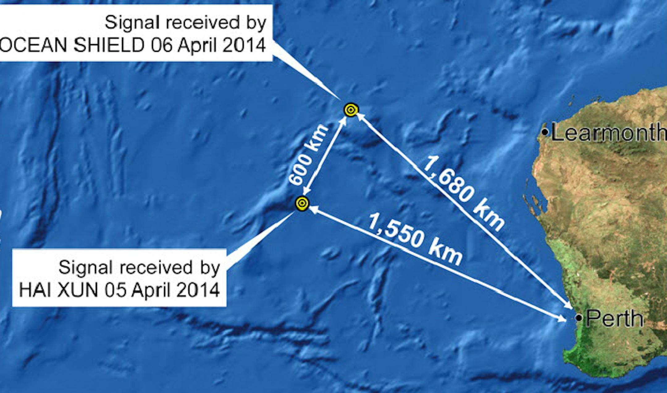 April 6, 2014: The search areas where sounds or signals have been heard in search for the missing Malaysia Airlines jet.
