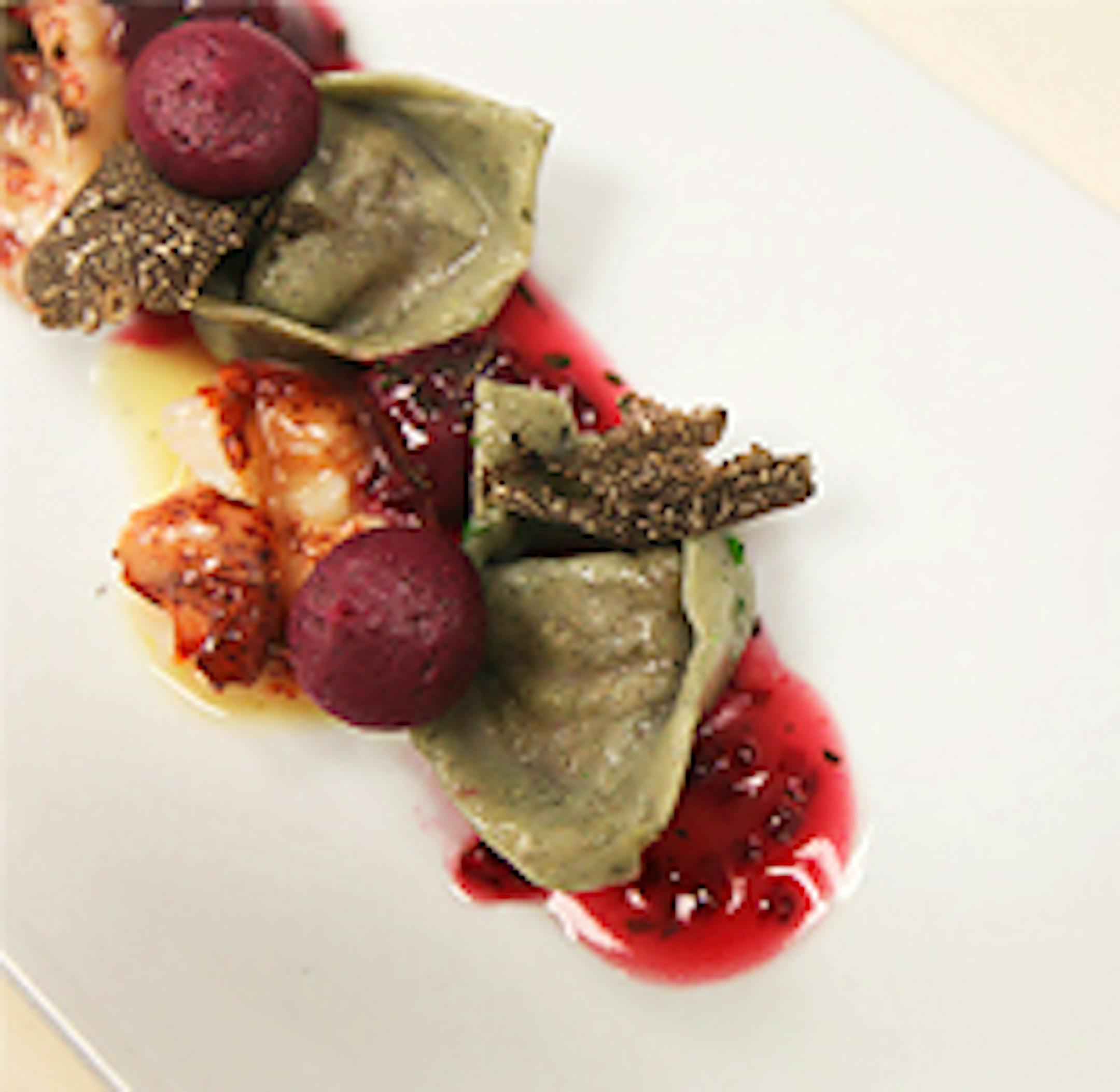 Lobster and vegetable ash cappelletti with ruby beets and black truffle at La Belle Vie. This dish is a part of the chef's tasting menu which frequently changes.