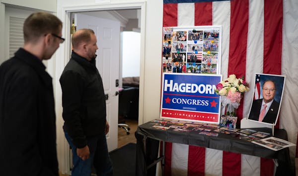 Freeborn County Republican Chairman Robert Hoffman had a photo display of the late Congressman Jim Hagedorn in his office. 