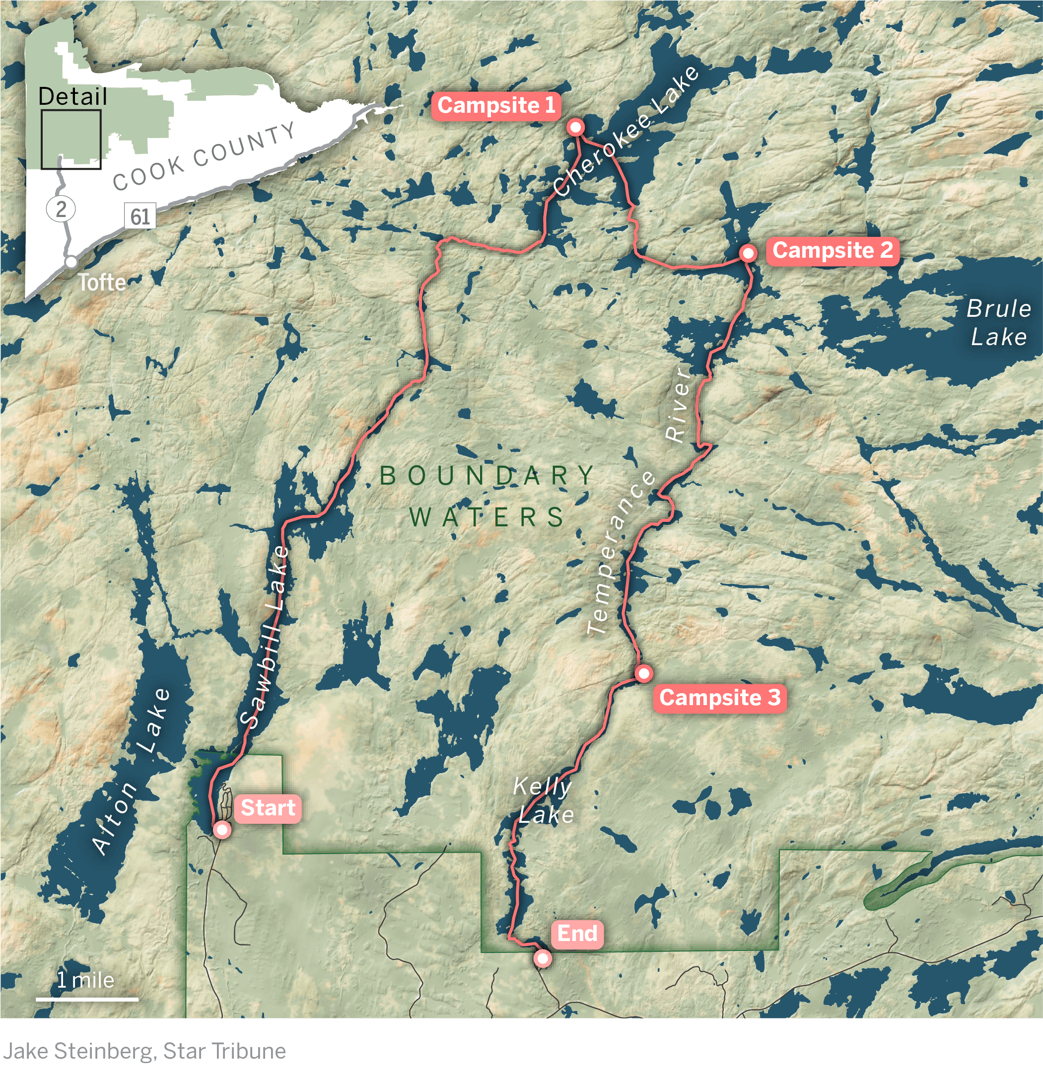 A map of a route in the Boundary Waters.