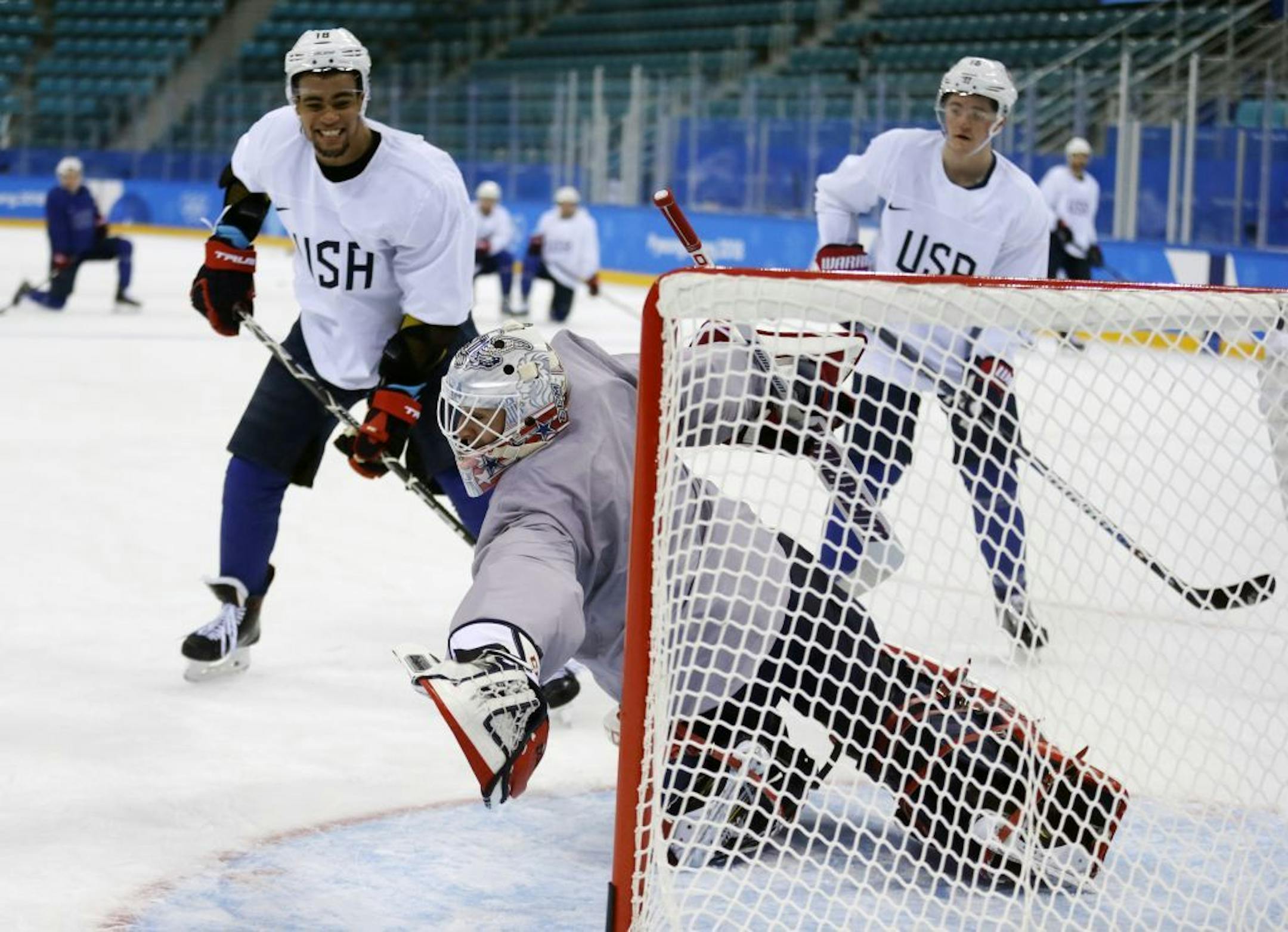 Jordan Greenway, left, and Ryan Donato practiced during the 2018 Olympics in South Korea.