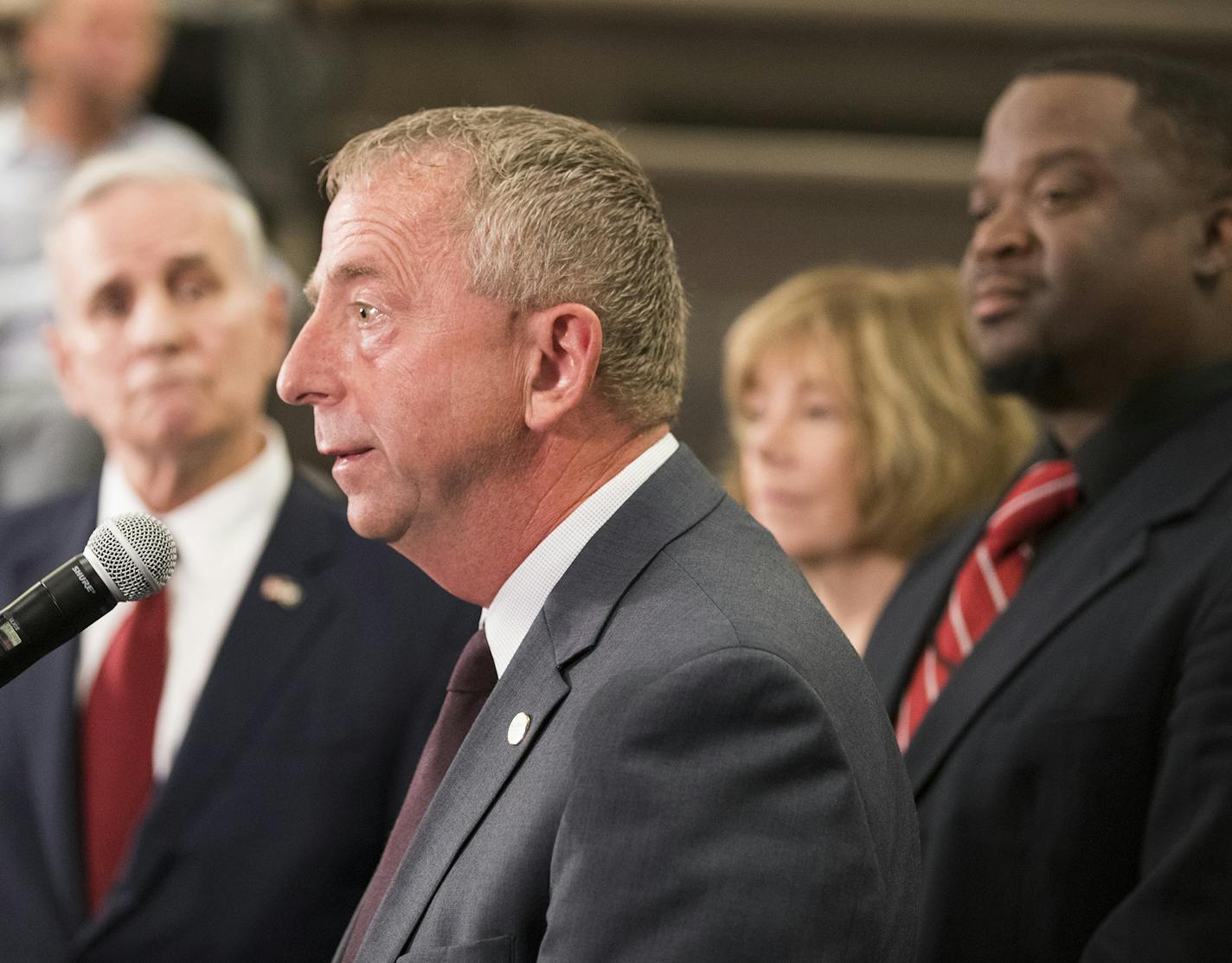 St. Cloud Mayor David Kleis, center, speaks during a press conference at St. Cloud City Hall, Monday, Sept. 19, 2016. Authorities are treating Saturday&#xed;s stabbings at Crossroads Mall, as a possible act of terrorism, in part because an Islamic State-run news agency claimed that the attacker was a &#xec;soldier of the Islamic State&#xee; who had heeded the group&#xed;s calls for attacks in countries that are part of a U.S.-led anti-IS coalition. (Leila Navidi/Star Tribune via AP) ORG XMIT: MN