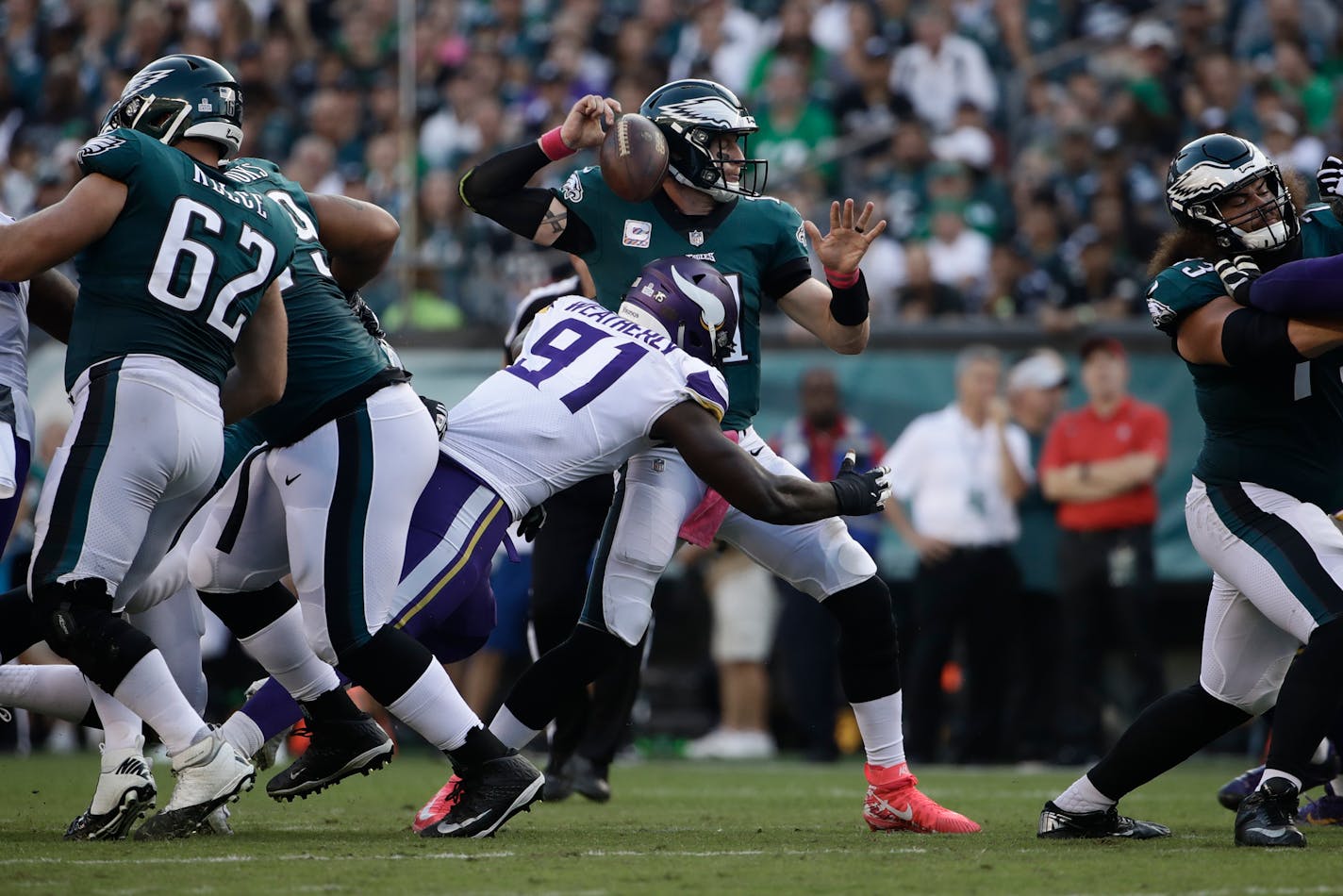 Vikings defensive end Stephen Weatherly (91), inheriting a starting role while Everson Griffen addresses some mental health issues, forced the fumble by Eagles quarterback Carson Wentz that led to a Linval Joseph TD.