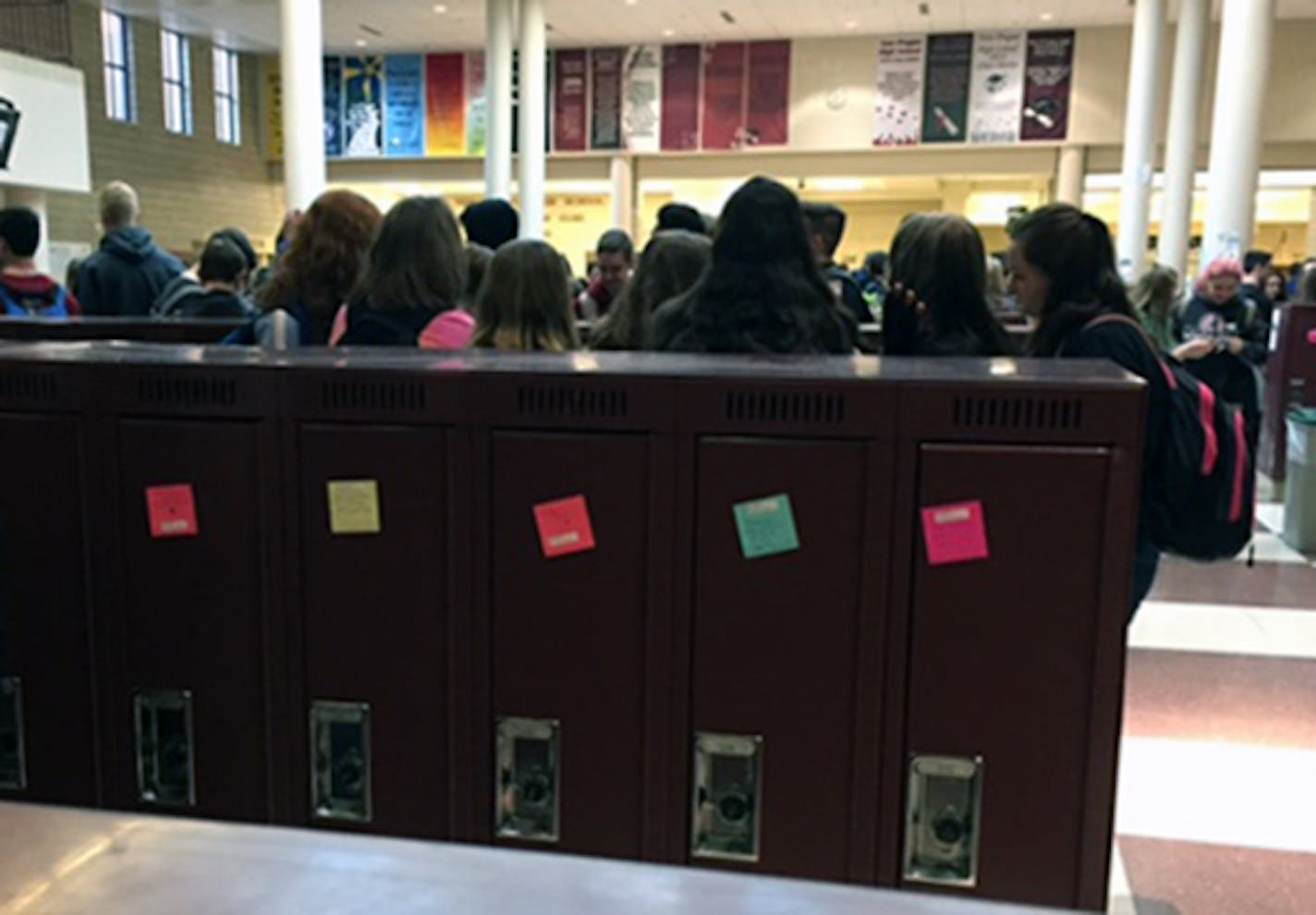 A "senior prank" at New Prague High School was positive messages written on Post-Its and stuck to lockers.