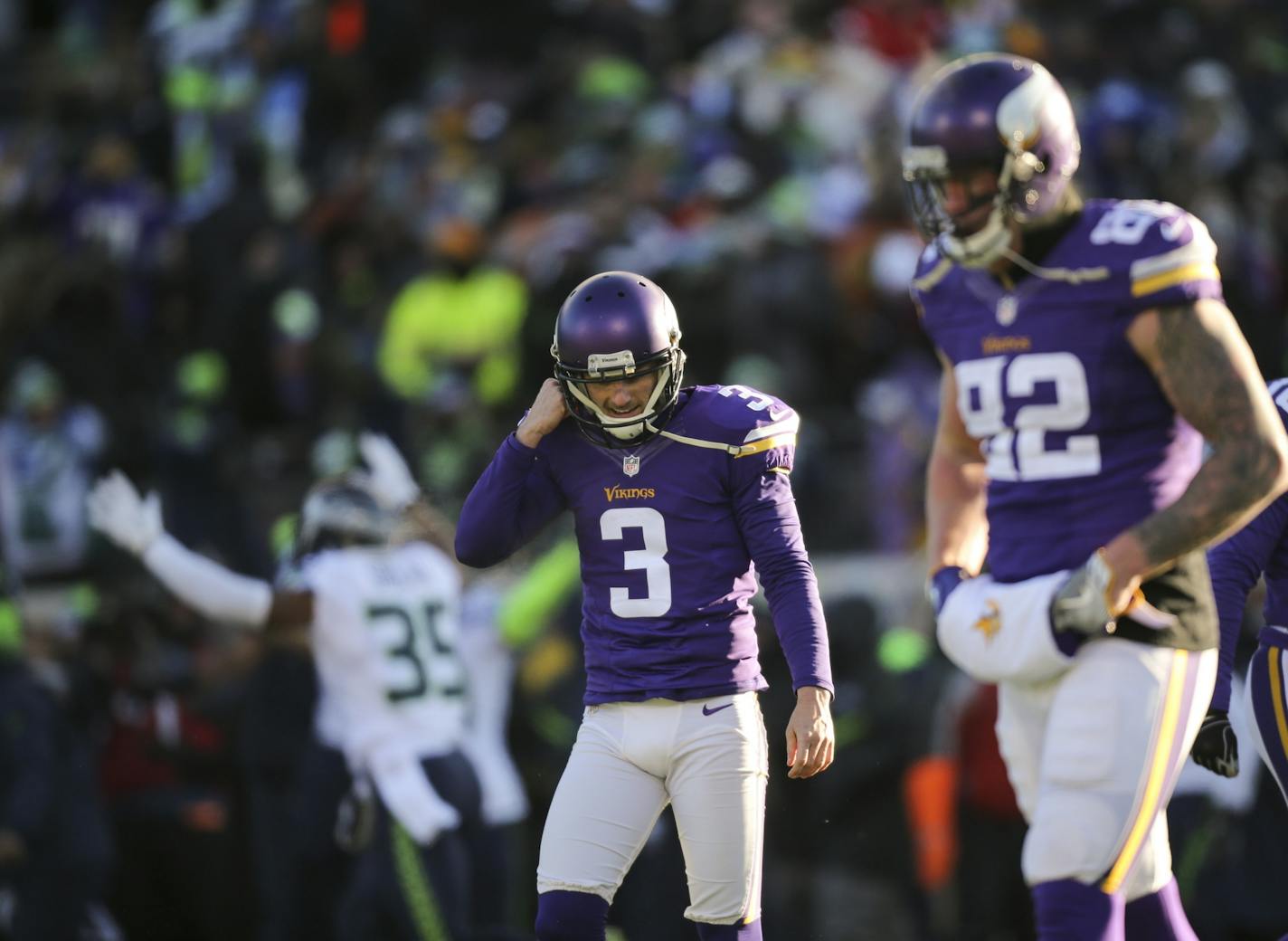 Vikings kicker Blair Walsh walked away after his chance for a game-winning 27 yard field goal sailed wide left against the Seahawks in the 2016 playoffs.