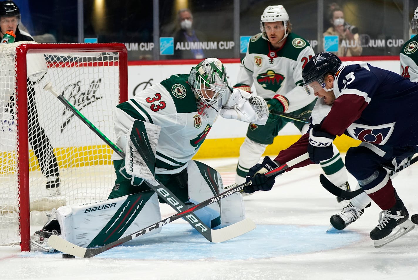 Wild goaltender Cam Talbot makes a pad-save of a shot by Avalanche right wing Logan O'Connor in the first period. Colorado put up 25 shots in the first.