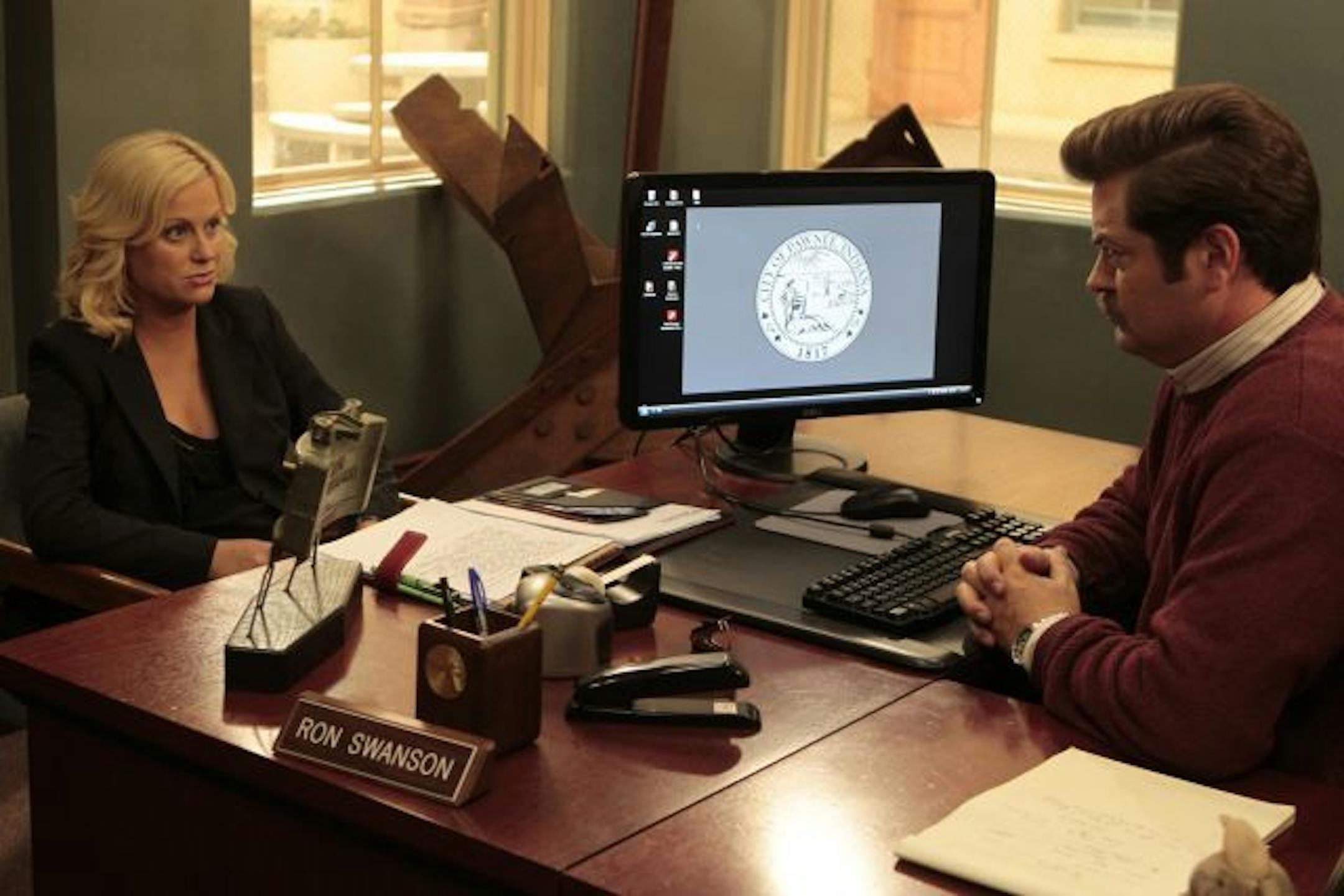 Amy Poehler as Leslie Knope and Nick Offerman as Ron Swanson in "Parks and Recreation."