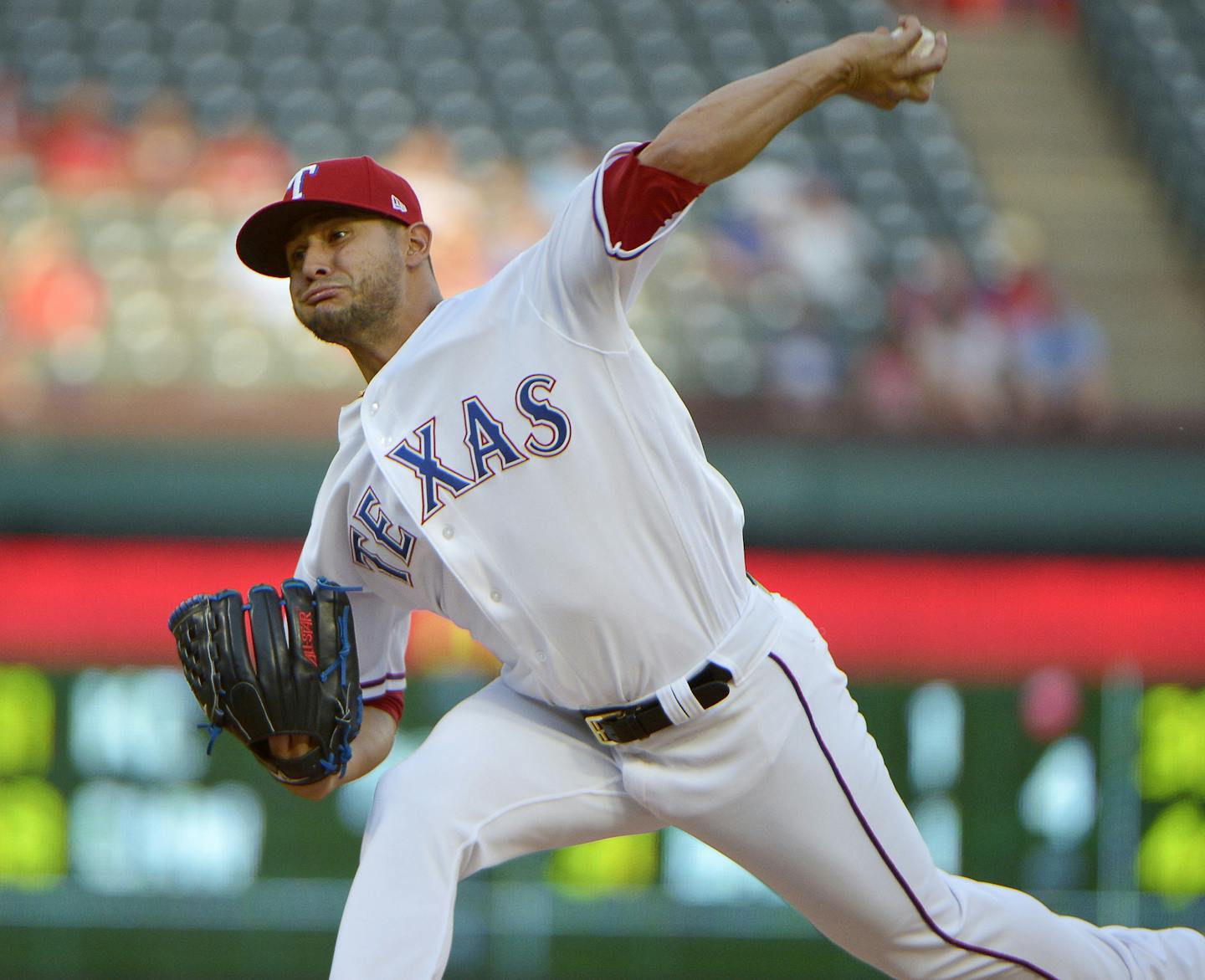 Texas Rangers starting pitcher Martin Perez (33) pitches during the first inning as the Texas Rangers play the Minnesota Twins at Globe Life Park Monday, April 24, 2017 in Arlington, Texas. (Max Faulkner/Fort Worth Star-Telegram/TNS) ORG XMIT: 1201215