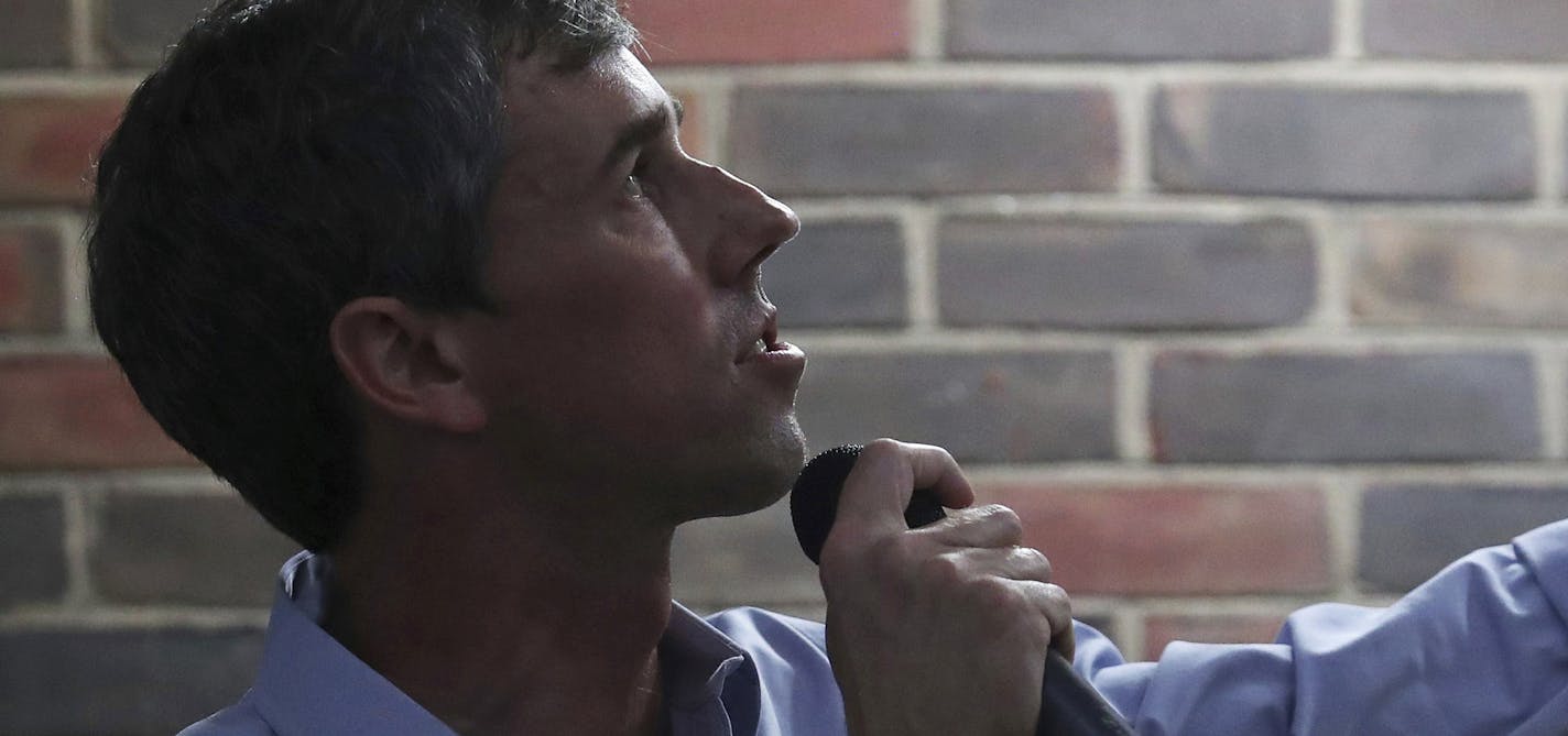 2020 Democratic presidential candidate Beto O'Rourke speaks to students outside Nau Hall Room 101 at the University of Virginia during his last stop on a tour which saw him visit multiple cities in the state, Tuesday, April 16, 2019, in Charlottesville, Va. Due to a high student turnout, O'Rourke spoke both inside the lecture hall and outside in the stairwell to address all the students present. (Zack Wajsgras/The Daily Progress via AP)