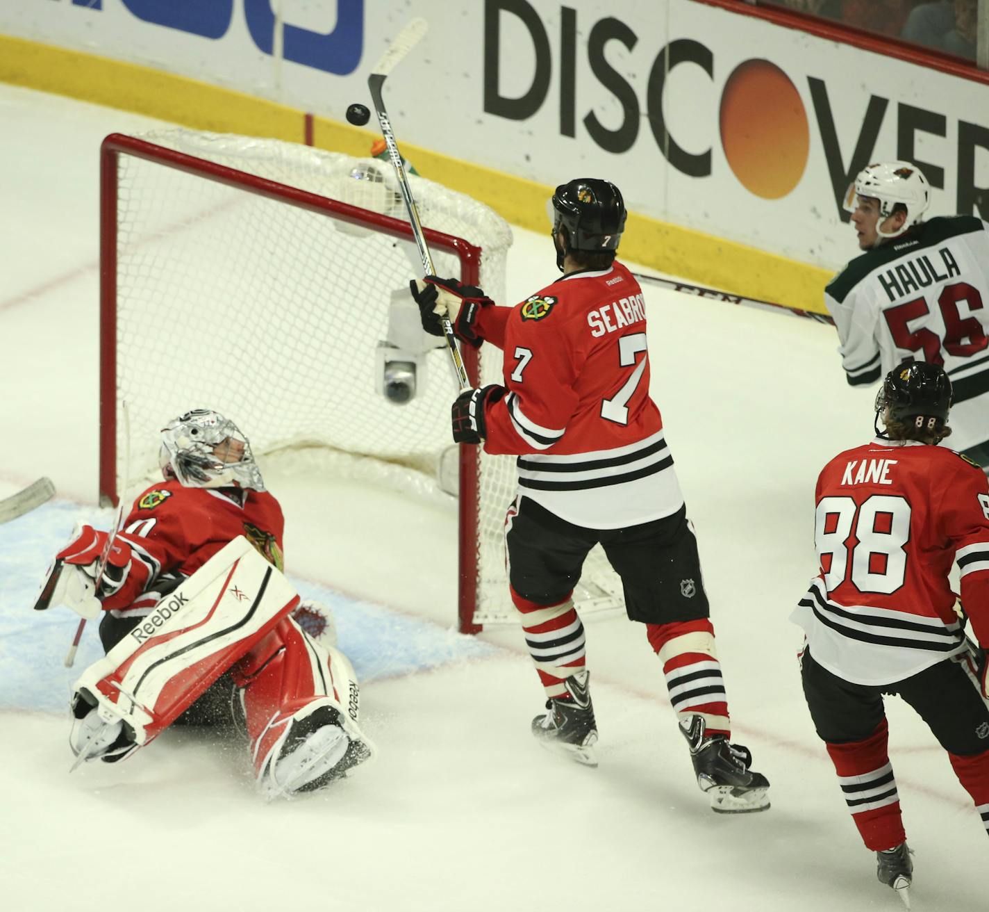 Chicago Blackhawks defenseman Brent Seabrook (7) tried to clear the puck but he couldn't alter the path of the shot by Minnesota Wild left wing Erik Haula (56) when he scored during the first period of their game Sunday night at United Center in Chicago. ] JEFF WHEELER &#x201a;&#xc4;&#xa2; jeff.wheeler@startribune.com The Minnesota Wild faced the Chicago Blackhawks in game 5 of their playoff series Sunday night, May 11, 2014 at United Center in Chicago.