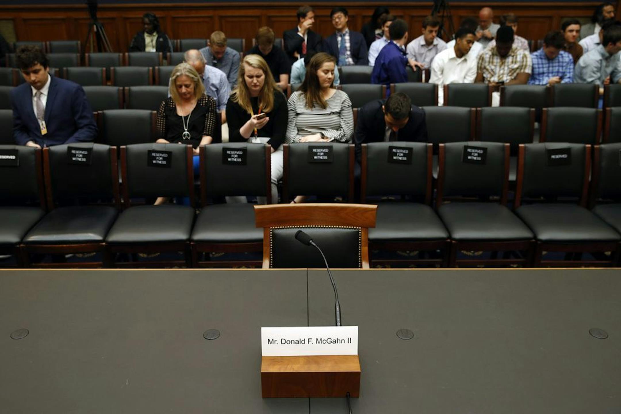A name placard is displayed for former White House Counsel Don McGahn, who is not expected to appear before a House Judiciary Committee hearing, Tuesday, May 21, 2019, on Capitol Hill in Washington.