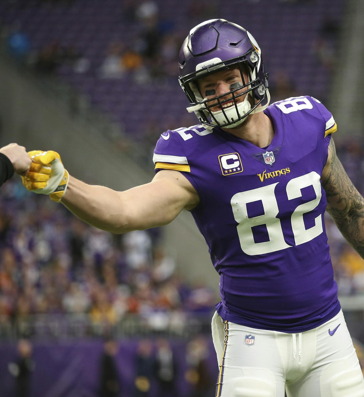 Minnesota Vikings tight end Kyle Rudolph bumped fists with a coach during warmups before the game against the Bengals. ] JEFF WHEELER &#xef; jeff.wheeler@startribune.com The Minnesota Vikings faced the Cincinnati Bengals in an NFL football game Sunday afternoon, December 17, 2017 at U.S. Bank Stadium in Minneapolis.