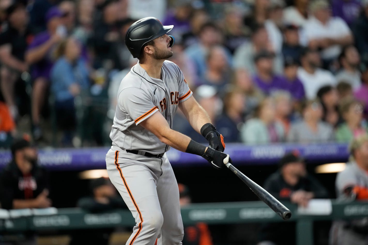 San Francisco Giants catcher Joey Bart (21) in the sixth inning of a baseball game against the Saturday, Aug. 20, 2022, in Denver. (AP Photo/David Zalubowski)