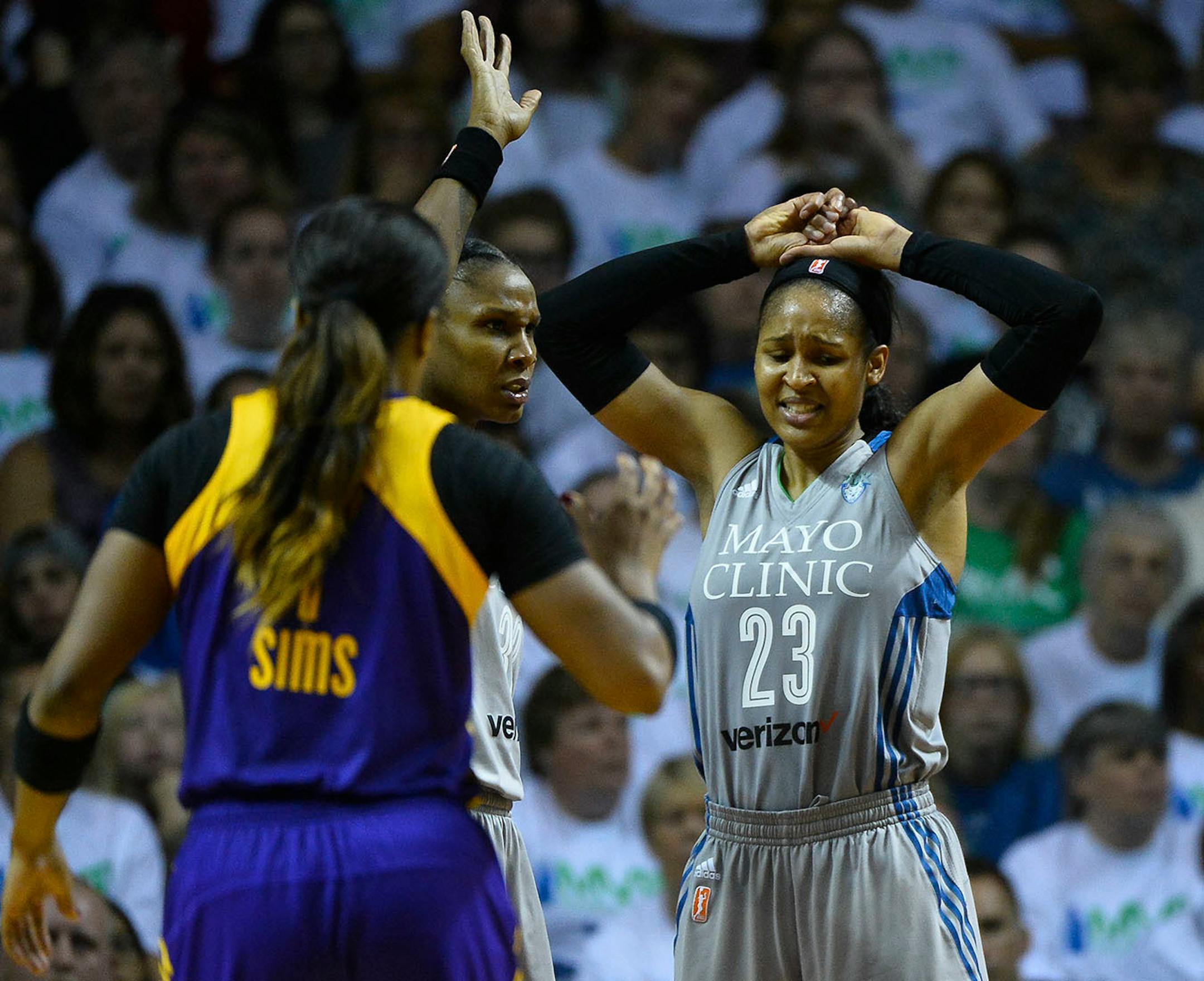 Minnesota Lynx forward Maya Moore (23) reacted after forward Rebekkah Brunson (32) was called for a shooting foul in the second half.