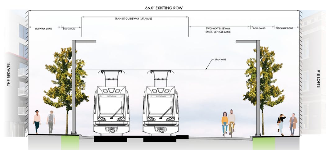 Another version for light-rail trains on 10th Avenue in the North Loop involves eliminating traffic entirely and adding a bike/pedestrian path.