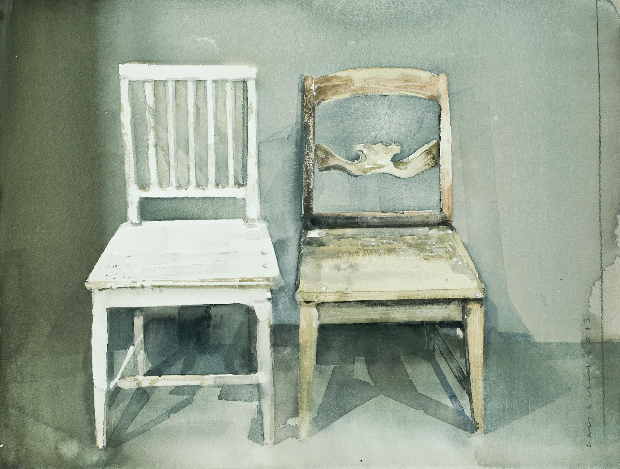A pair of well-worn chairs suggests a mismatched but companionable couple.