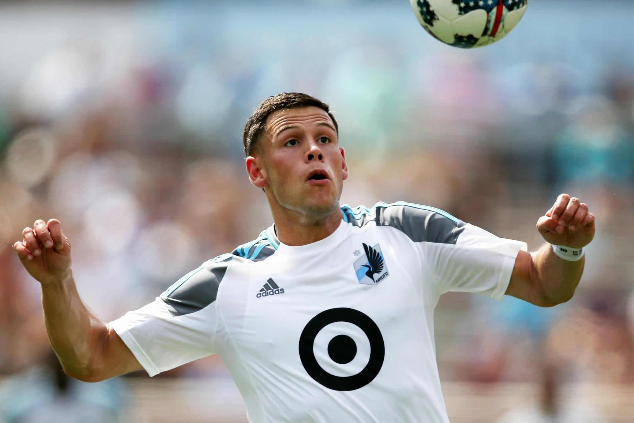 Minnesota United forward Christian Ramirez (21) settled the ball after a long pass up field in the first half.