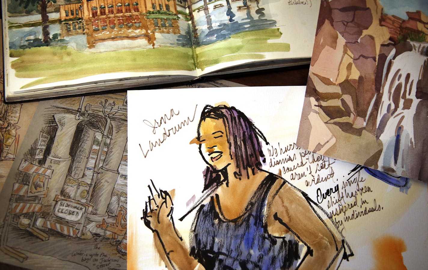 Sketches made by Ken and Roberta Avidor inside their condo at Union Depot in downtown St. Paul on Friday, December 26, 2014. ] LEILA NAVIDI leila.navidi@startribune.com / BACKGROUND INFORMATION: Ken and Roberta Avidor are part of the Twin Cities growing urban-sketching movement, they have captured Mississippi River flooding, people waiting at bus stops and, most recently, life on St. Paul's Green Line light rail trains.