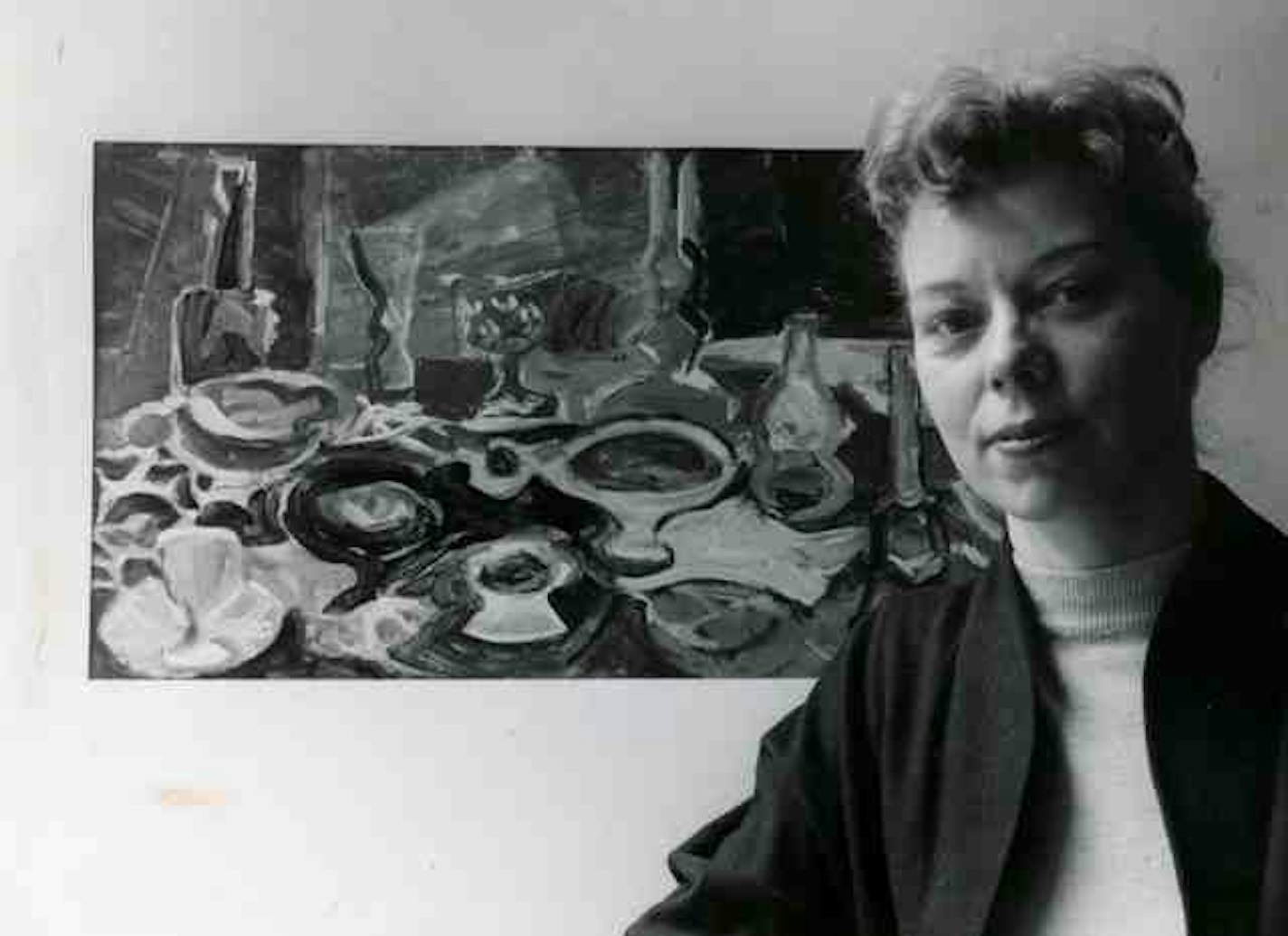 Phyllis Wiener in 1955, with a still-life painted with "Duc" auto enamel.