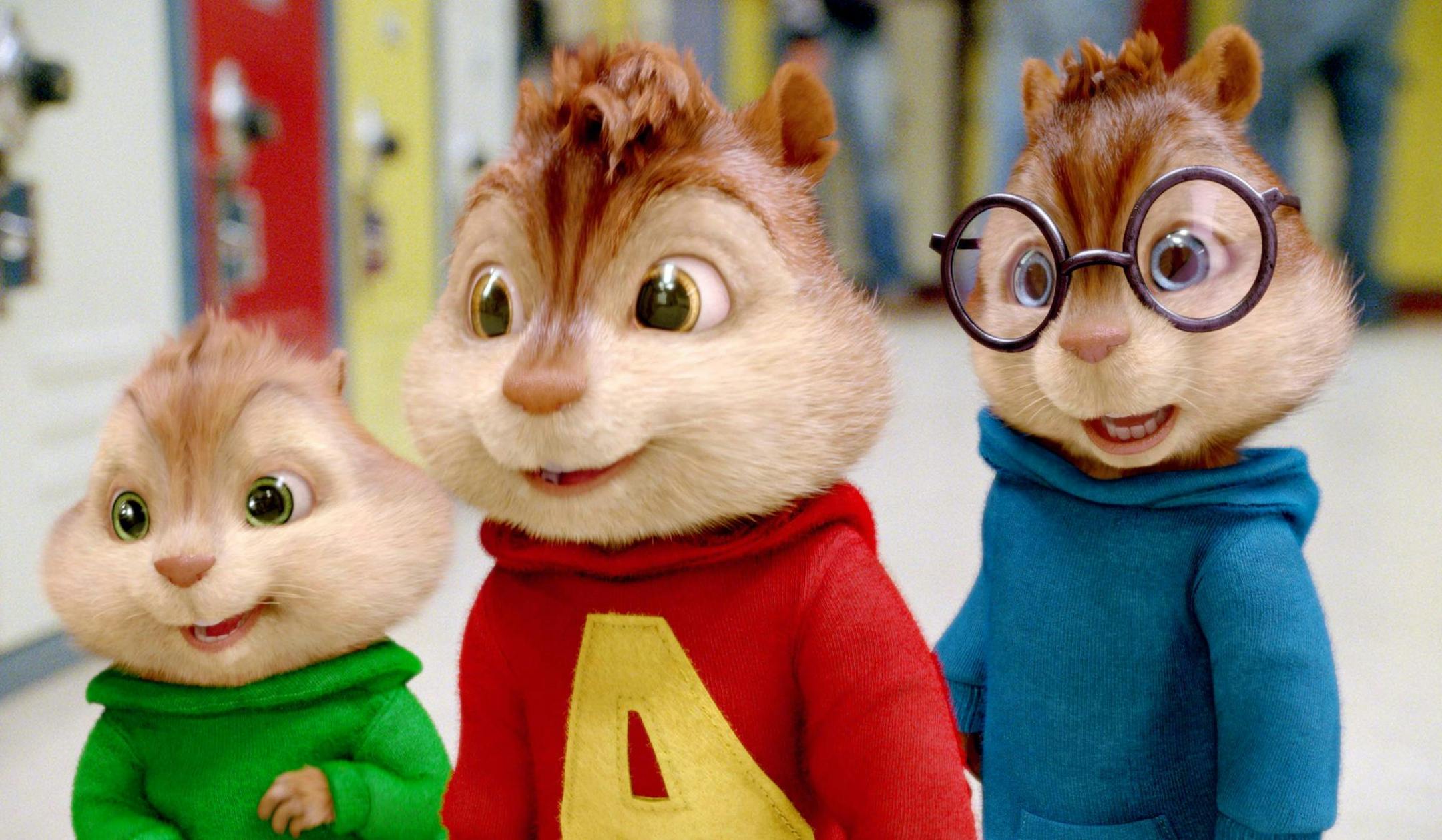 In this film publicity image released by 20th Century Fox, chipmunks Theodore, left, Alvin, center, and Simon arrive for their first day in school in a scene from, " Alvin and the Chipmunks: The Sqeakuel". (AP Photo/20th Century Fox)