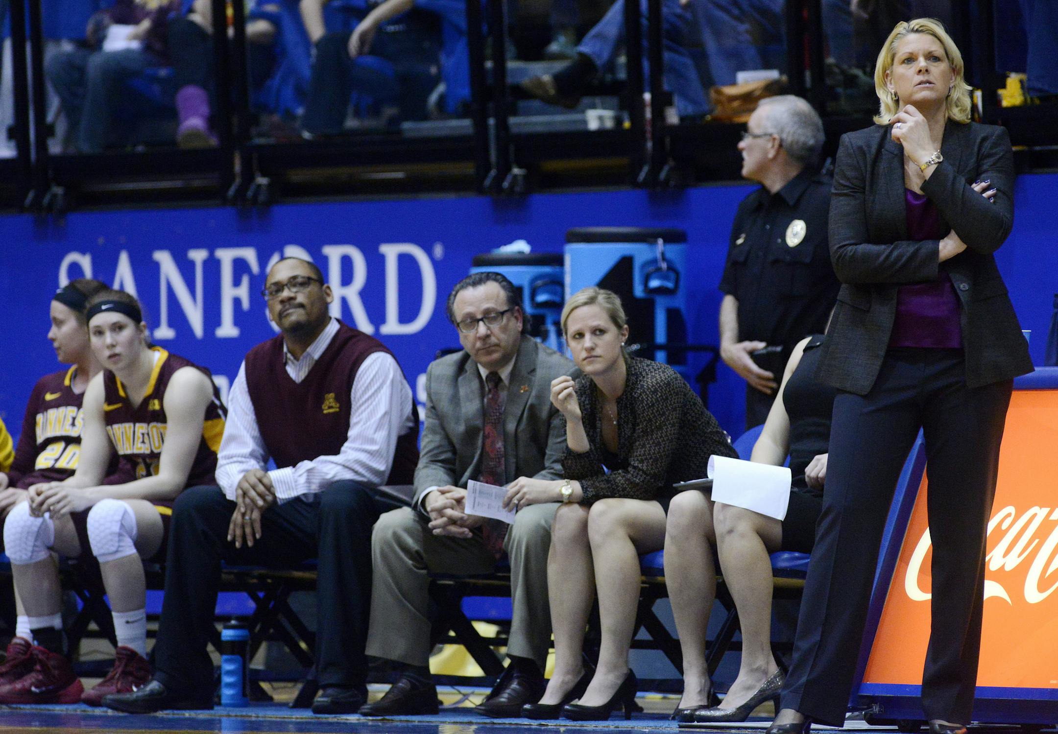 Minnesota head coach, Pam Borton watches her team in the final minutes of their 70-62 loss to South Dakota State in Thursday's 3rd round WNIT basketball game at Frost Arena in Brookings, S.D. March 27, 2014. (Elisha Page / Argus Leader)