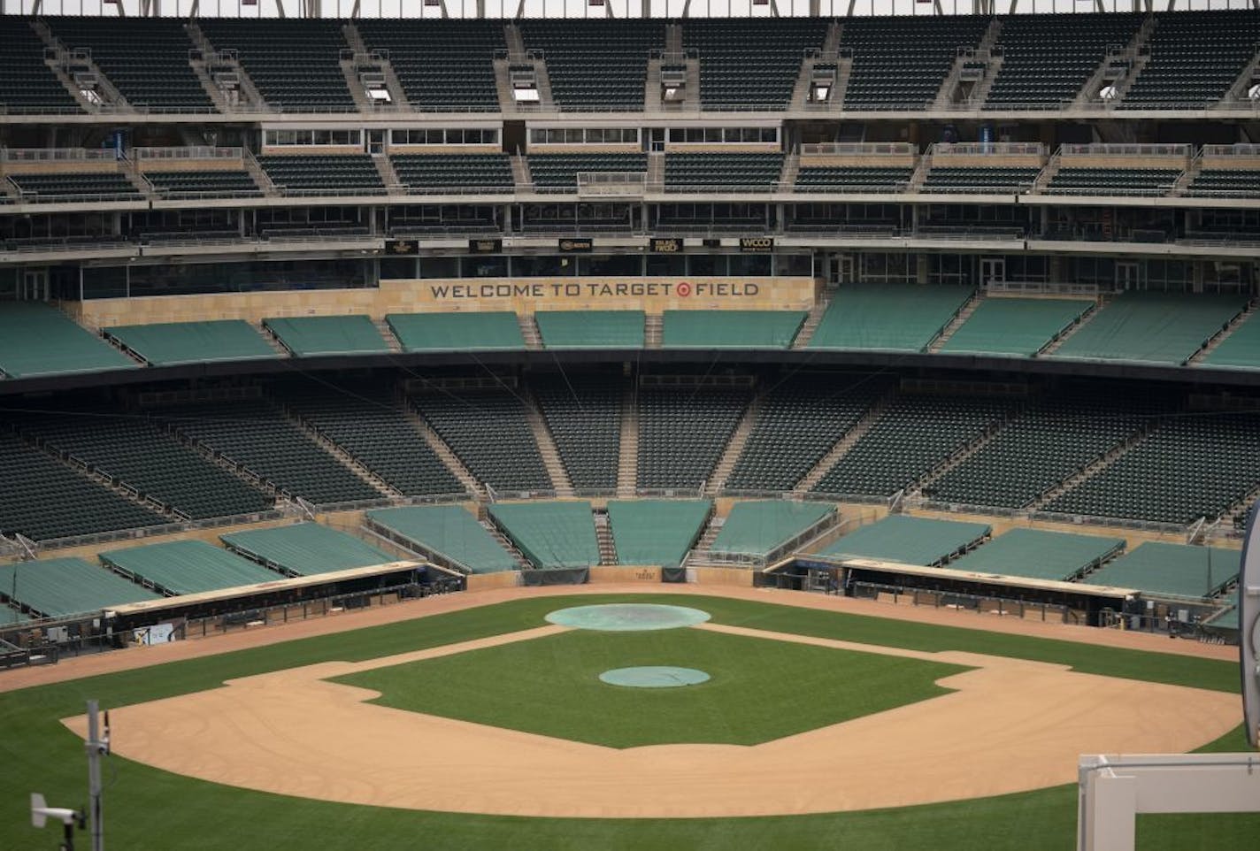 The interior of an an empty Target Field an hour before the Home Opener against the Oakland A's would have begun.