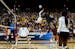 Gophers right side hitter Stephanie Samedy (10) spiked the ball against Bryant during last weekend's opening round.