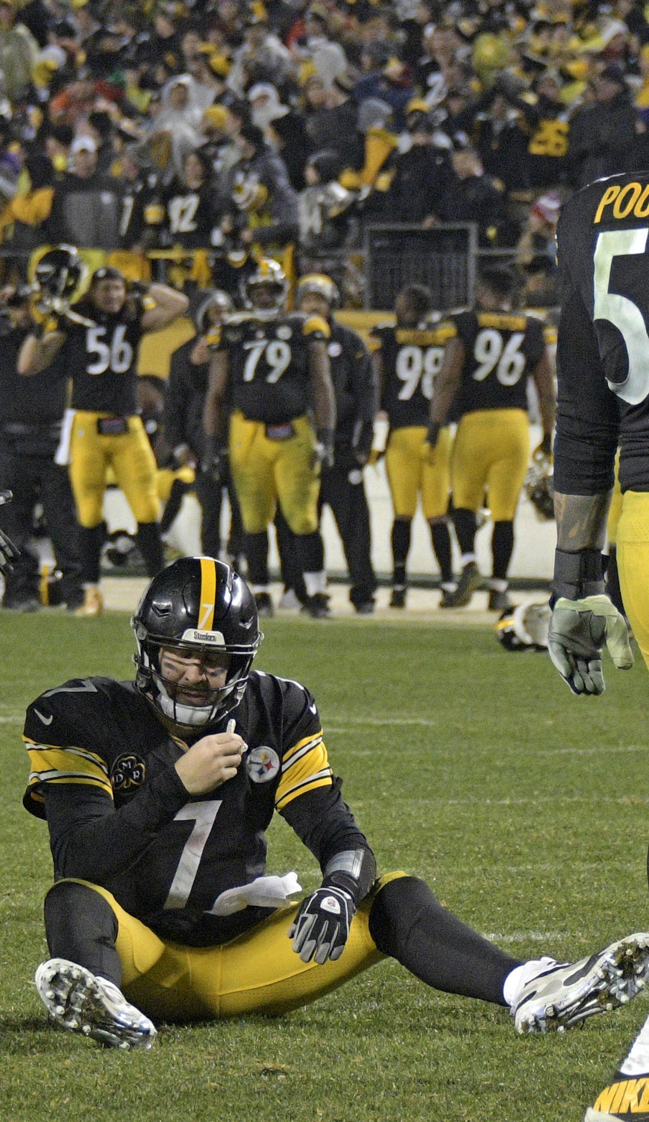 Pittsburgh Steelers quarterback Ben Roethlisberger (7) sits on the turf after throwing an interception in the end zone during the second half of an NFL football game against the New England Patriots in Pittsburgh, Sunday, Dec. 17, 2017. (AP Photo/Don Wright)
