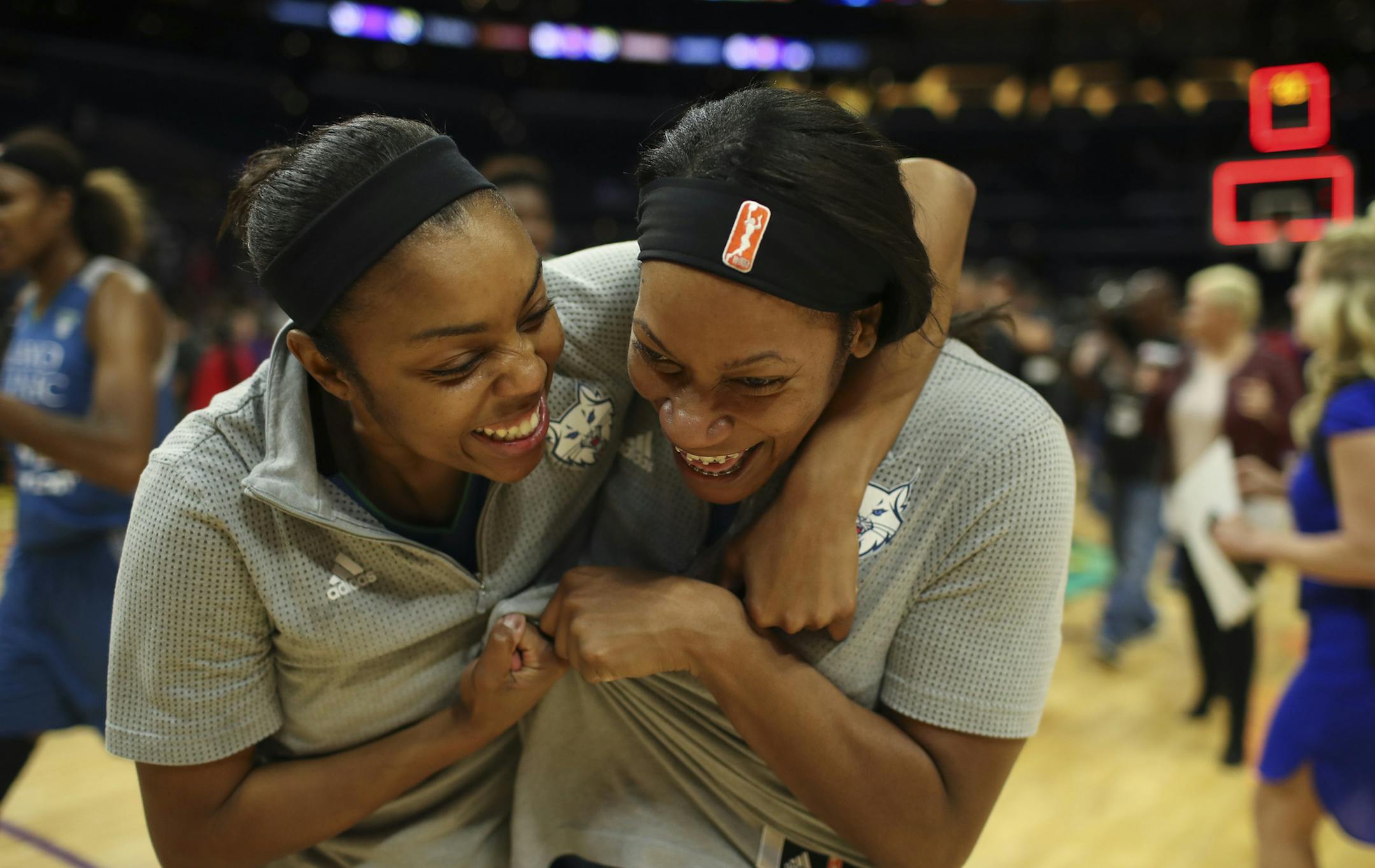 Minnesota Lynx guard Renee Montgomery, left, and guard Jia Perkins celebrated the Lynx win as they walked off the court after the game. ] JEFF WHEELER &#xef; jeff.wheeler@startribune.com The Minnesota Lynx outlasted the Los Angeles Sparks 85-79 in a crucial Game 4 of their WNBA Finals series Sunday evening, October 16, 2016 at Staples Center in Los Angeles.