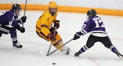 Gophers forward Taylor Heise took the puck around St. Thomas defenseman Megan Cornell in the first period of a game last month.