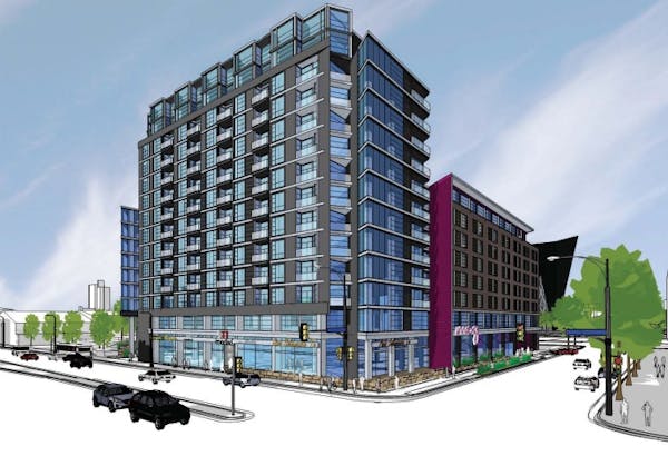 A rendering of Iron Clad, the mixed-use project Graves Hospitality plans to build on the east side of downtown Minneapolis. View faces southeast to th