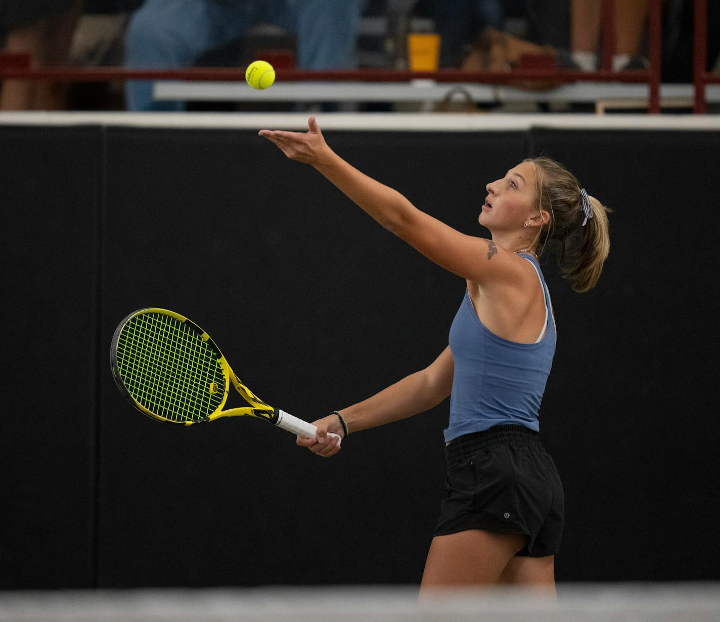 Minnetonka's Kelsey Phillips served during her No. 1 doubles match that she and Karina Elvestrom won 6-1, 6-0 over Blake Wednesday, Oct. 27, 2021 in Minneapolis. Minnetonka won the Class 2A girl's tennis state championship 6-1 over Blake at the Baseline Tennis Center Wednesday afternoon Wednesday, Oct. 27, 2021 in Minneapolis. ] JEFF WHEELER • Jeff.Wheeler@startribune.com