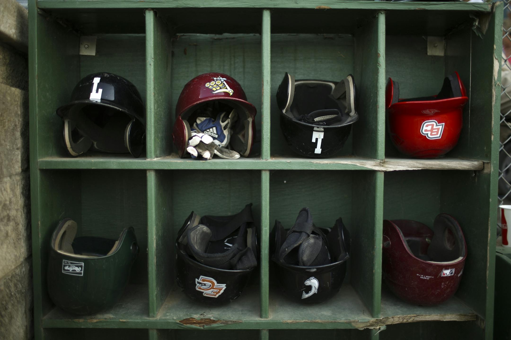 The Northwoods League held their 2013 All-Star Game Tuesday night, July 23, 2013 at Carson Park in Eau Claire, Wisconsin. Batting helmets belonging to the South All-Stars were in cubbys before the game.