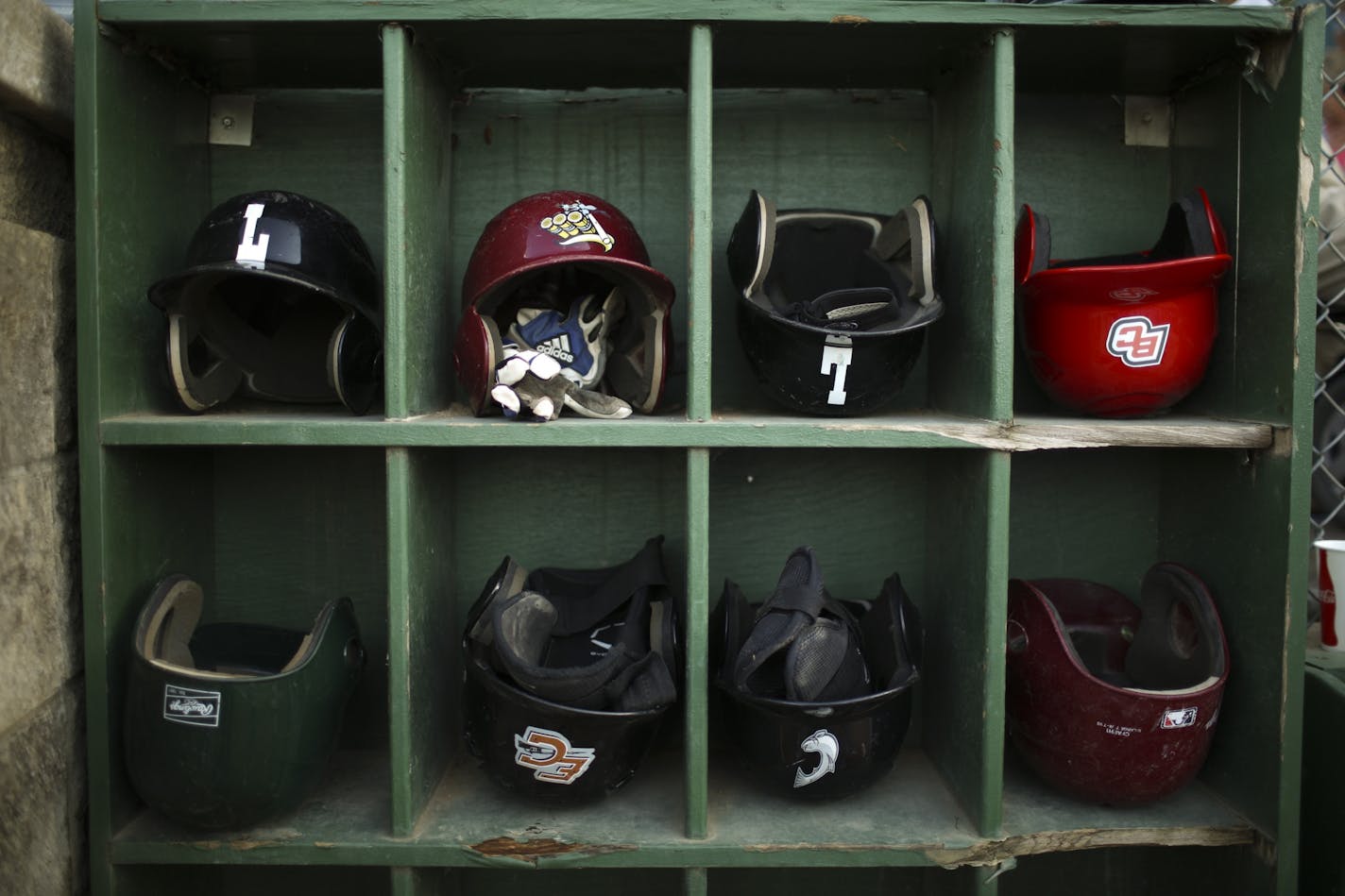 The Northwoods League held their 2013 All-Star Game Tuesday night, July 23, 2013 at Carson Park in Eau Claire, Wisconsin. Batting helmets belonging to the South All-Stars were in cubbys before the game.