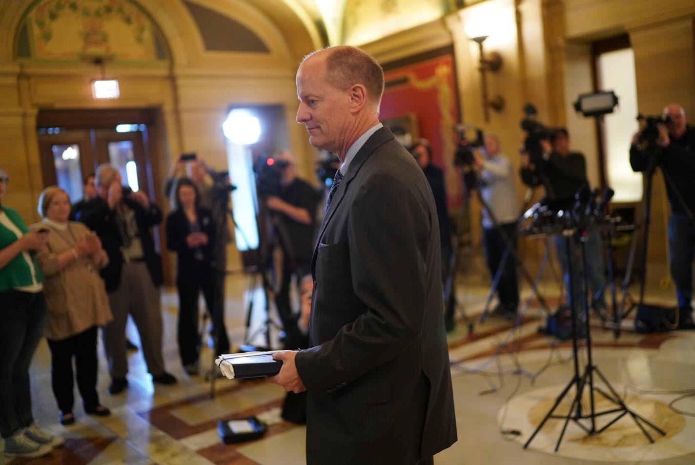 Senate Majority Leader Paul Gazelka walked into Gov. Tim Walz's office, where House Speaker Melissa Hortman was already meeting with the governor, as budget talks continued at the State Capitol on Friday, May 17, 2019 in St. Paul.