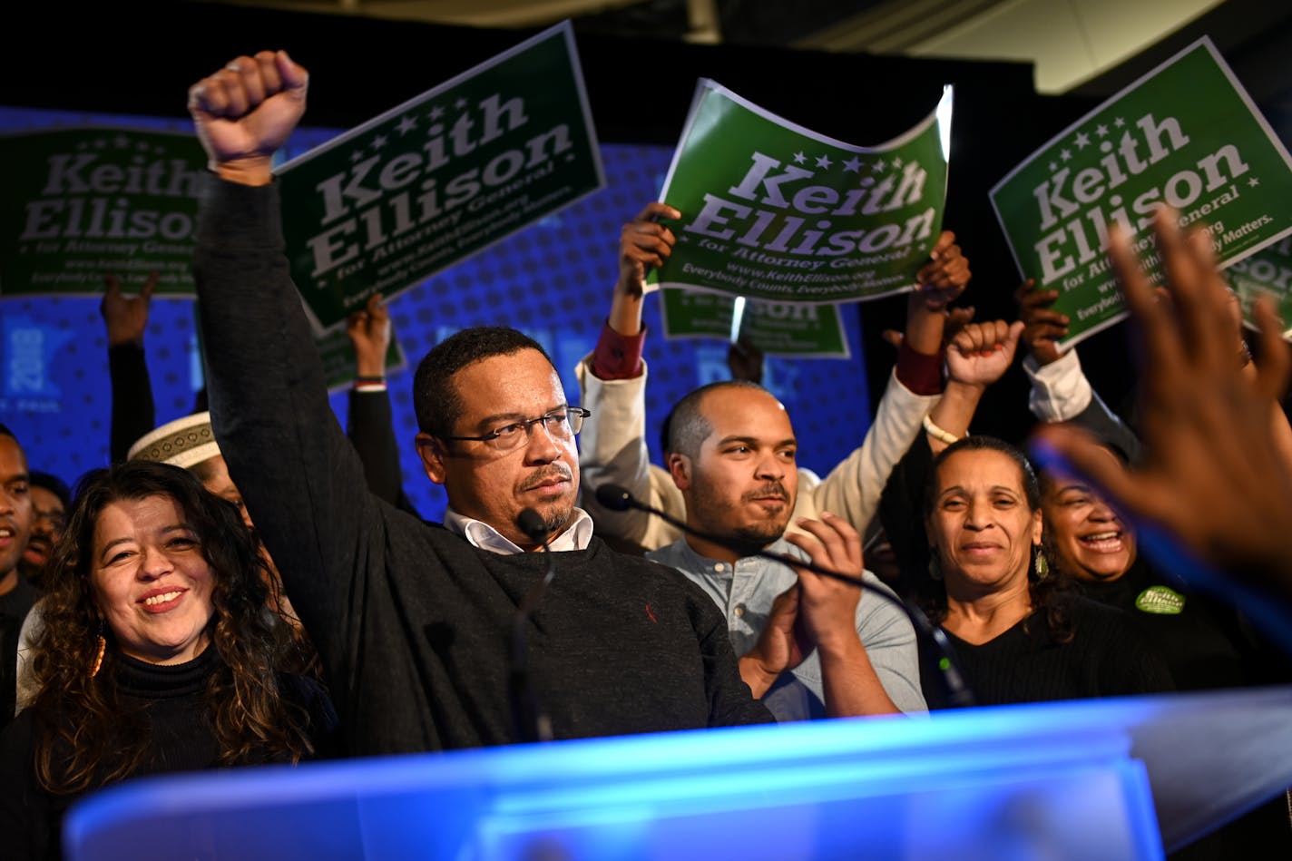 Rep. Keith Ellison addressed supporters after winning the attorney general race Tuesday night at the DFL headquarters election night party at the Intercontinental Hotel in St. Paul.