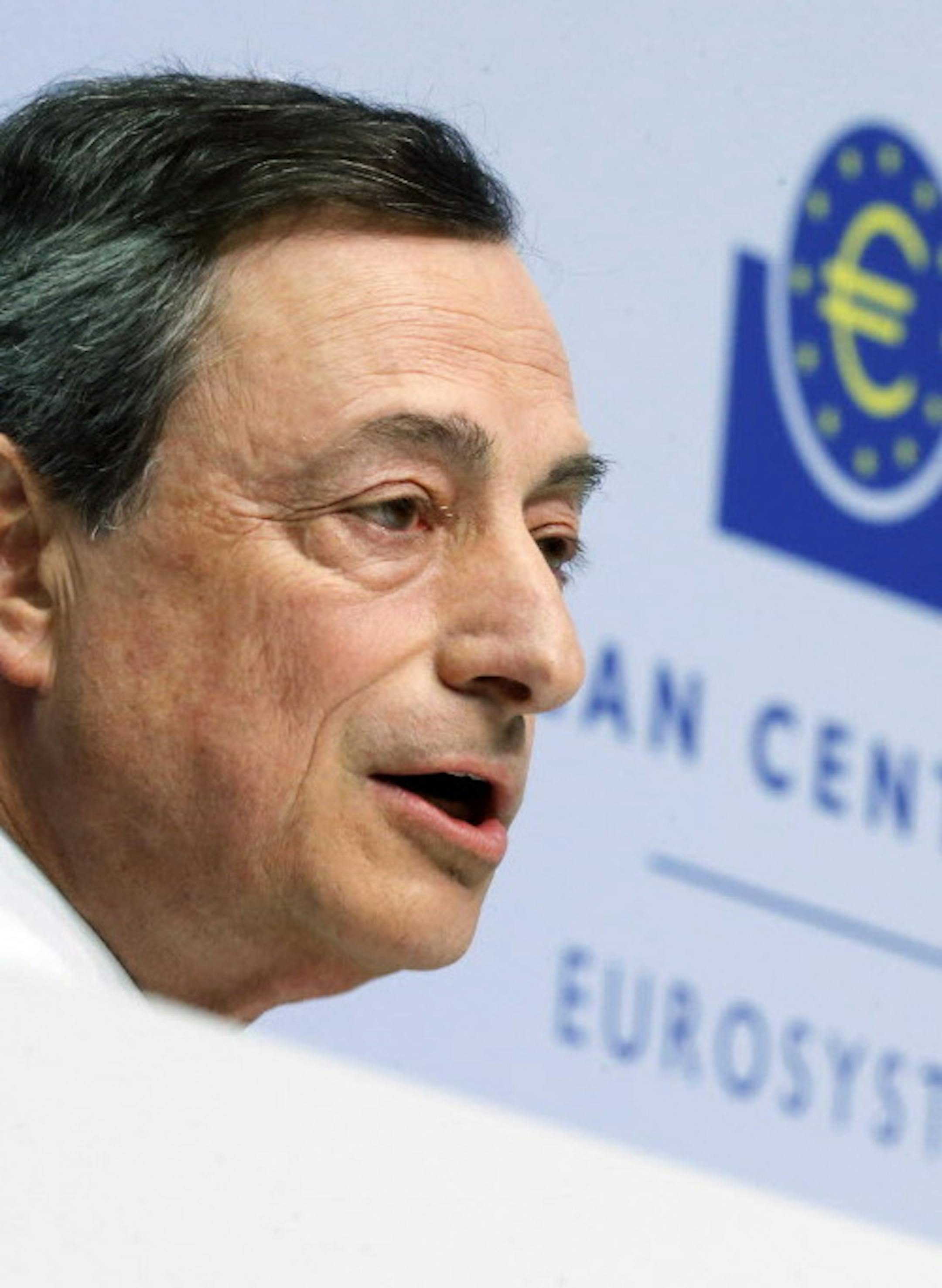 FILE - In this Wednesday, April 15, 2015 file photo, President of European Central Bank (ECB) Mario Draghi speaks during a press conference of the ECB in Frankfurt, Germany. Consumer price inflation crept up to an annual rate of zero in October in the 19 countries that use the euro, a weak reading that could help push the European Central Bank to expand its stimulus program. Inflation rose from minus 0.1 percent the month before, the European Union statistics agency Eurostat said Friday, Oct. 30