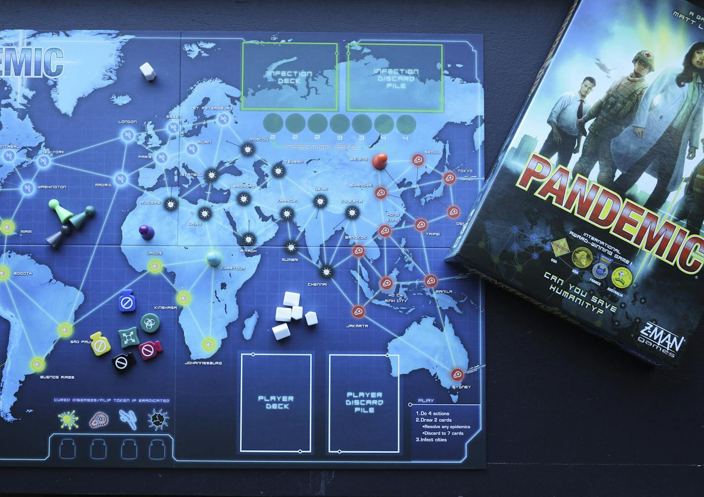 The Pandemic board game was created by Matt Leacock, published by Z-Man Games. Players work together to stop the spread of an infectious disease around the globe. (Abel Uribe/Chicago Tribune/TNS) ORG XMIT: 1596223