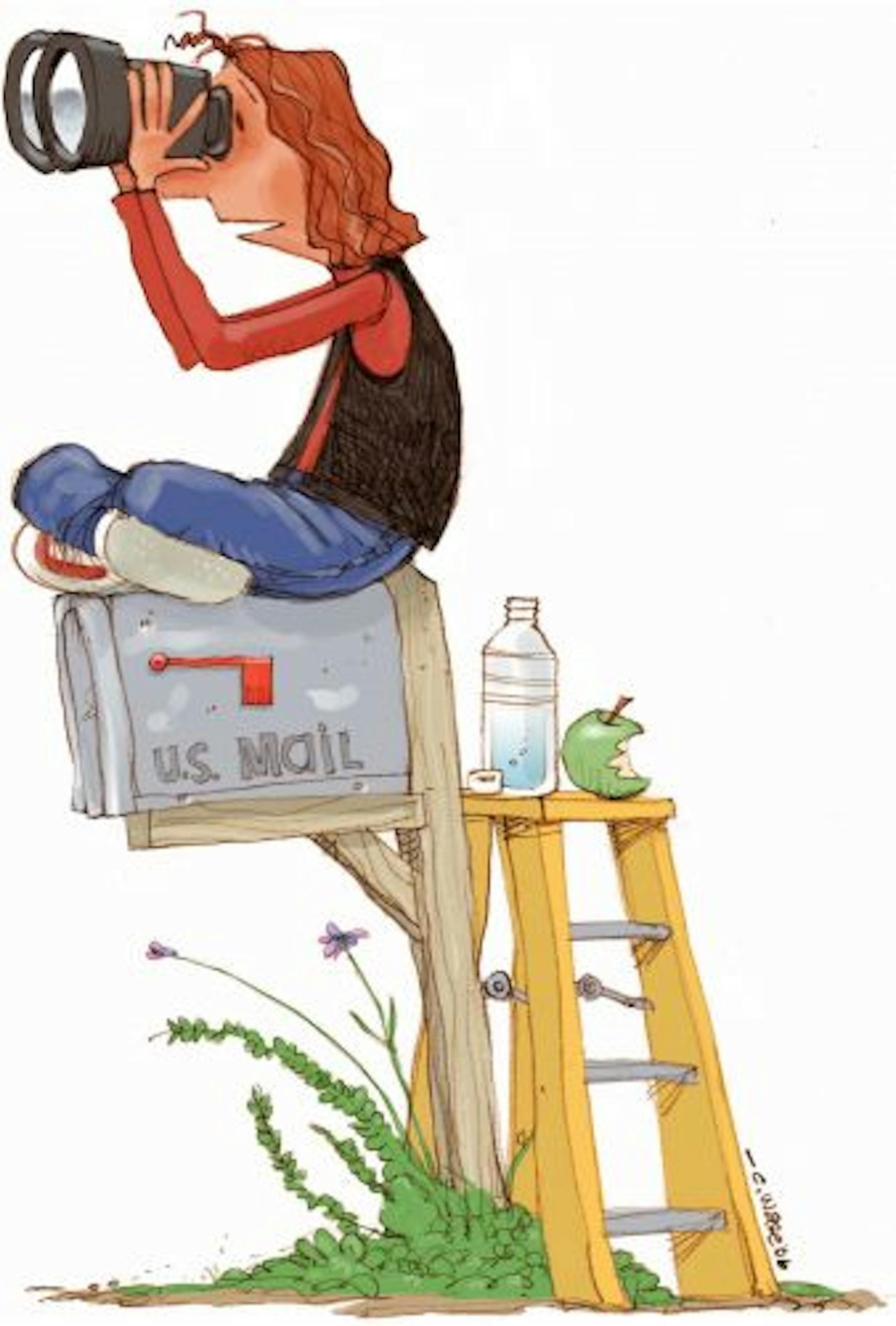 300 dpi 3 col x 8.5 in / 146x216 mm / 497x734 pixels Chris Ware color illustration of a woman camped out at a mailbox waiting for an elusive piece of mail (college admission notice, job news, tax refund, etc.). Lexington Herald-Leader 2006 <p> KEYWORDS: late mail waiting binoculars mailbox apple water bottle tax refund college admission application wait response rsvp letter postal krtfeatures features krtnational national krttaxday admissions decision university krthome home house housing krt as