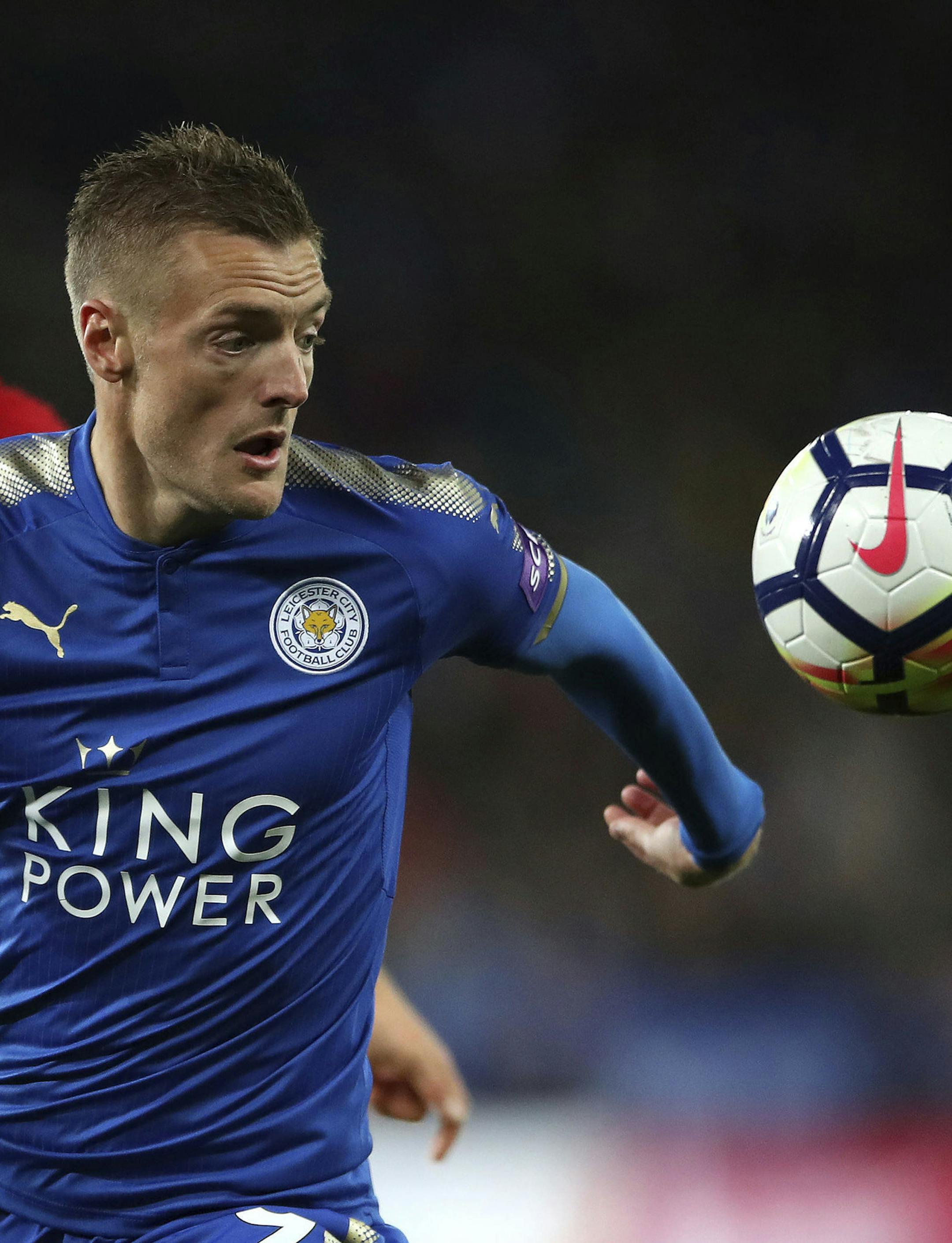 Leicester City's Jamie Vardy in action during the English Premier League soccer match against West Bromwich Albion at the King Power Stadium, Leicester, England, Monday, Oct. 16, 2017. (Nick Potts/PA via AP) ORG XMIT: MIN2017102717275841