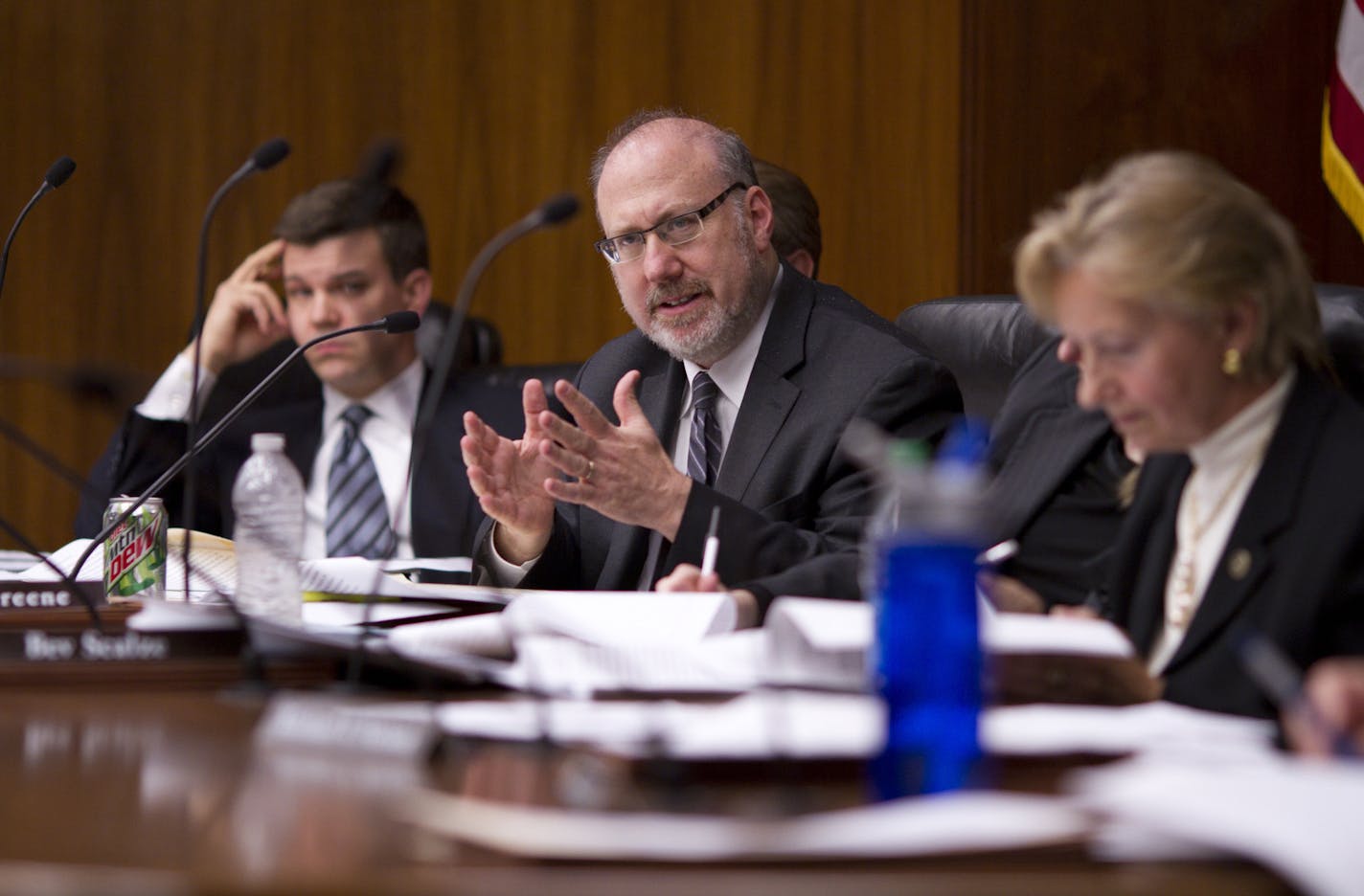 The Government Operations and Elections Committee failed to advance the stadium bill by a 9-6 vote after a four hour hearing Monday night, April 17, 2012. House File 2810 is coauthored by Republican Rep. Morrie Lanning and Democrat Rep. Terry Morrow. Rep. Frank Hornstein made a point during the committee meeting Monday night. Seated with him on the DFL side of the room were Rep. Ryan Winkler, left, and Rep. Bev Scalze. Obscured were Rep. Steve Simon, behind Hornstein, and Rep. Marion Greene, beh