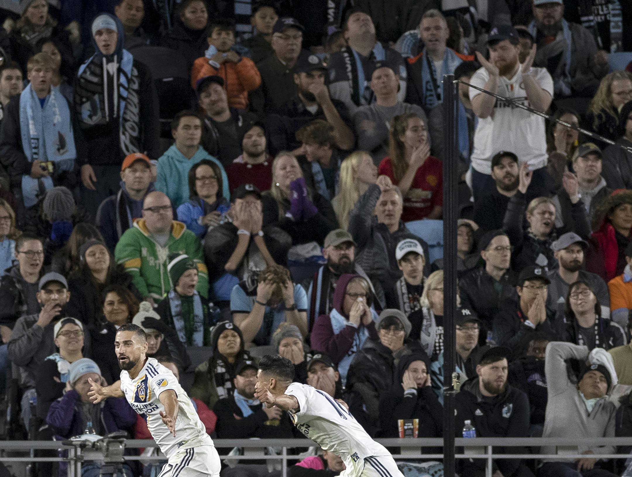 Sebastian Lletget (17) of LA Galaxy celebrated after scoring a goal in the second half. ] CARLOS GONZALEZ • cgonzalez@startribune.com – St. Paul, MN – October 20, 2019, Allianz Field, MLS, Soccer, First home playoff game in MLS for Minnesota United FC Loons vs. Los Angeles LA Galaxy