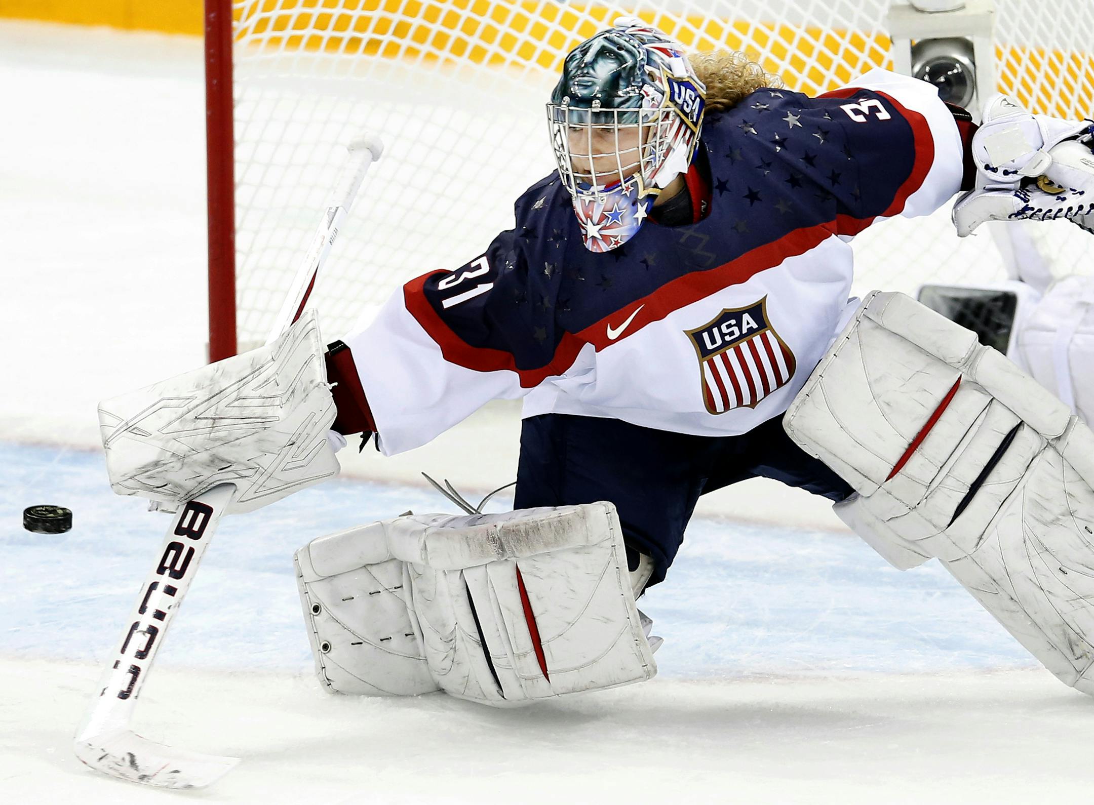 USA goalie Jessie Vetter (31) blocked a shot in the first period. Canada beat USA by a final score of 3-2. ] CARLOS GONZALEZ cgonzalez@startribune.com - February 12, 2013, Sochi, Russia, Sochi 2014 Winter Olympics, Shayba Arena, Women's Hockey, Team USA vs. Canada