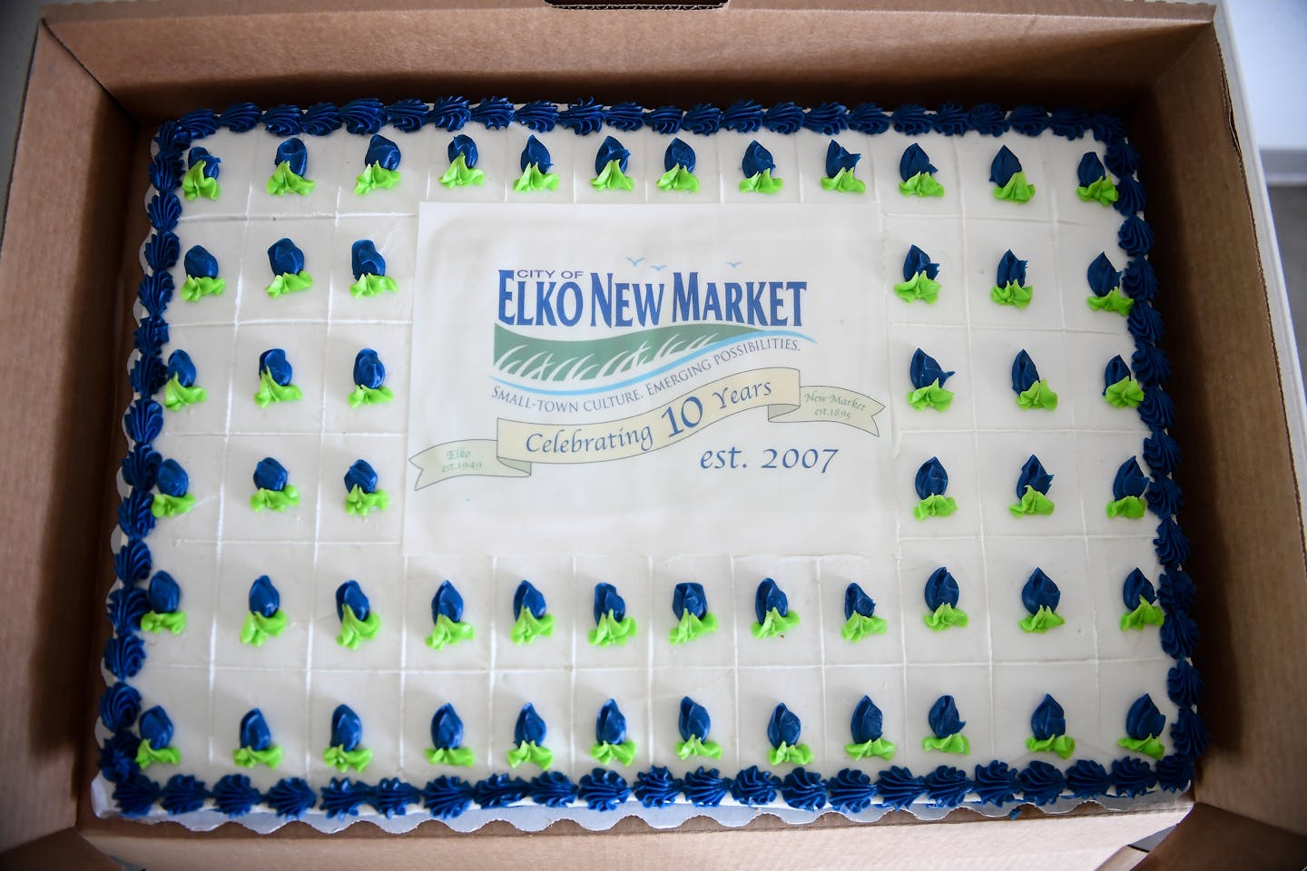 Elko New Market cakes were served at the city's 10 year anniversary celebration of their merger in mid August. ] AARON LAVINSKY &#xef; aaron.lavinsky@startribune.com It's been 10 years since Elko and New Market merged into the small affluent suburb of Elko New Market, yet residents seem to be having a hard time accepting that fact. The town of 4,500 is divided by separate zip codes, children attend separate school districts, adults play on rival baseball teams and, until recently, two water towe