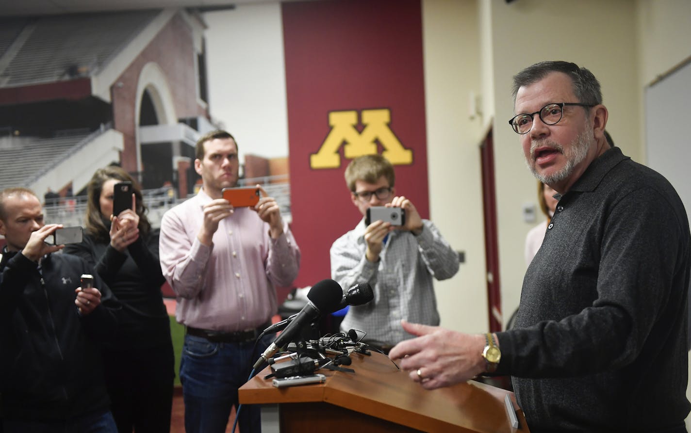 University of Minnesota President Eric Kaler speaks to members of the media Saturday, Dec. 17, 2016, after players announced the end of their boycott of the Holiday Bowl in Minneapolis. The team will play in the Holiday Bowl, reversing a threat to boycott the game because of the suspension of 10 players accused of sexual assault. (Aaron Lavinsky/Star Tribune via AP)