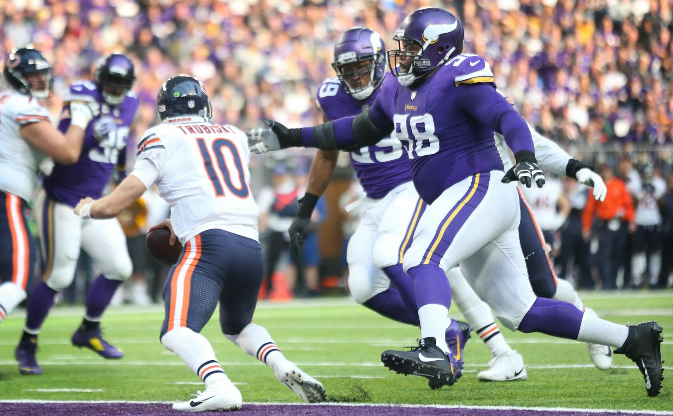 Chicago Bears quarterback Mitchell Trubisky (10) was sacked in the end-zone for a safety by Minnesota Vikings defensive tackle Linval Joseph (98) at U.S. Bank Stadium Sunday December 31, 2017 in Minneapolis, MN.