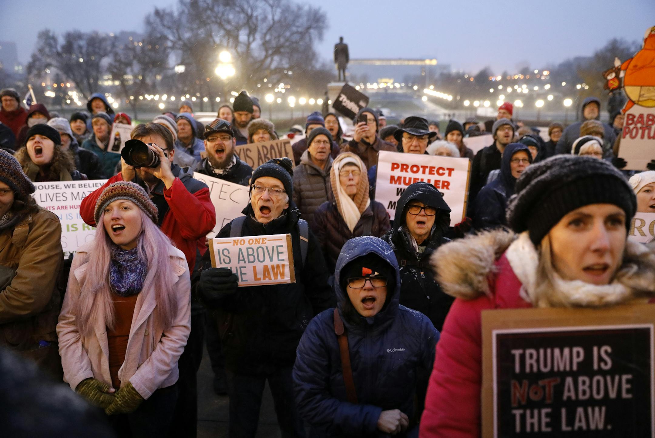 Protesters chant during the protest in support of Special Counsel Robert Mueller's investigation. ] LEILA NAVIDI &#x2022; leila.navidi@startribune.com BACKGROUND INFORMATION: A protest in support of Special Counsel Robert Mueller's investigation into possible Russian interference into the 2016 election, held at the State Capitol in St. Paul on Thursday, November 8, 2018.