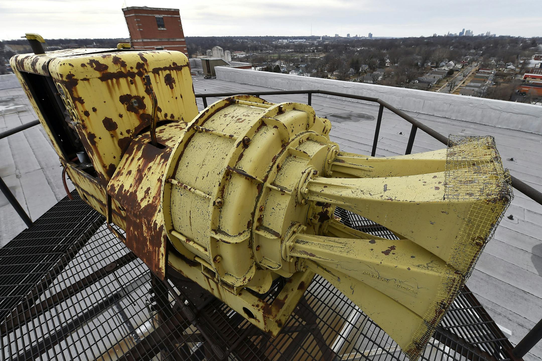 Now considered a relic from the Cold War era, this air raid siren, produced by Chrysler, still sits atop the Hardesty Storage building, east of downtown Kansas City. (Rich Sugg/Kansas City Star/TNS)
