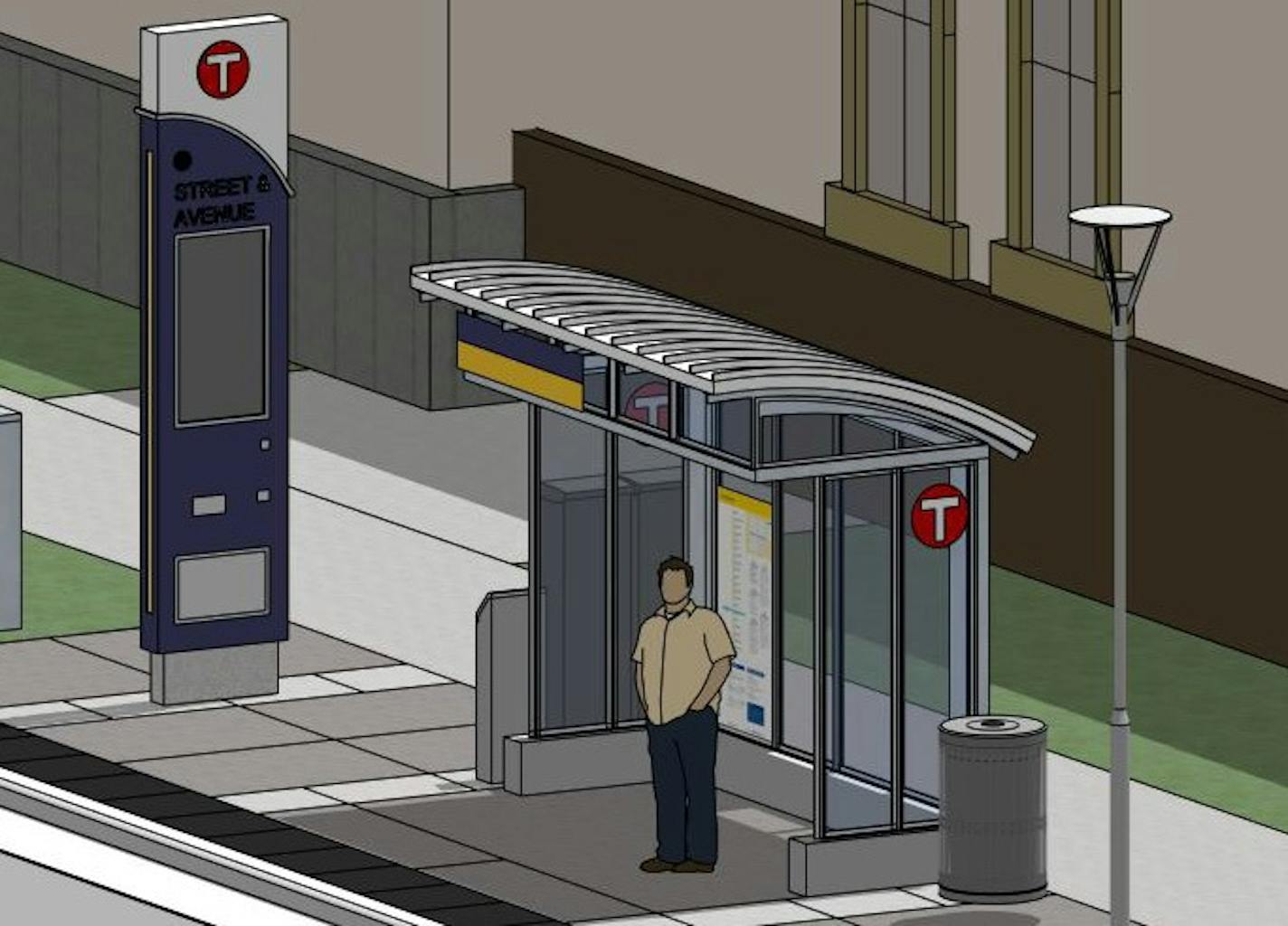 A rendering of an arterial bus rapid transit stop, featuring pre-boarding payment systems and other amenities.